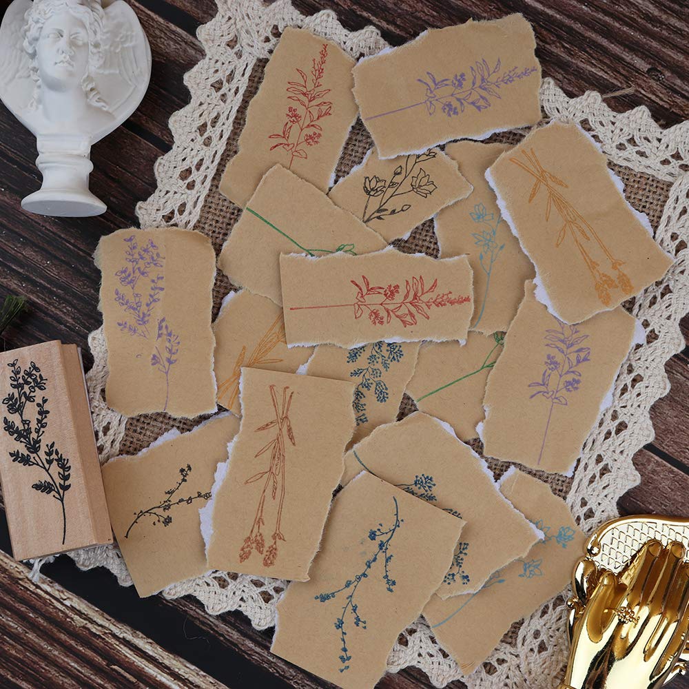 Dizdkizd 8 Pieces Wood Mounted Rubber Stamps, Plant and Flower Decorative Wooden Rubber Stamp Set for DIY Craft, Diary and Craft Scrapbooking