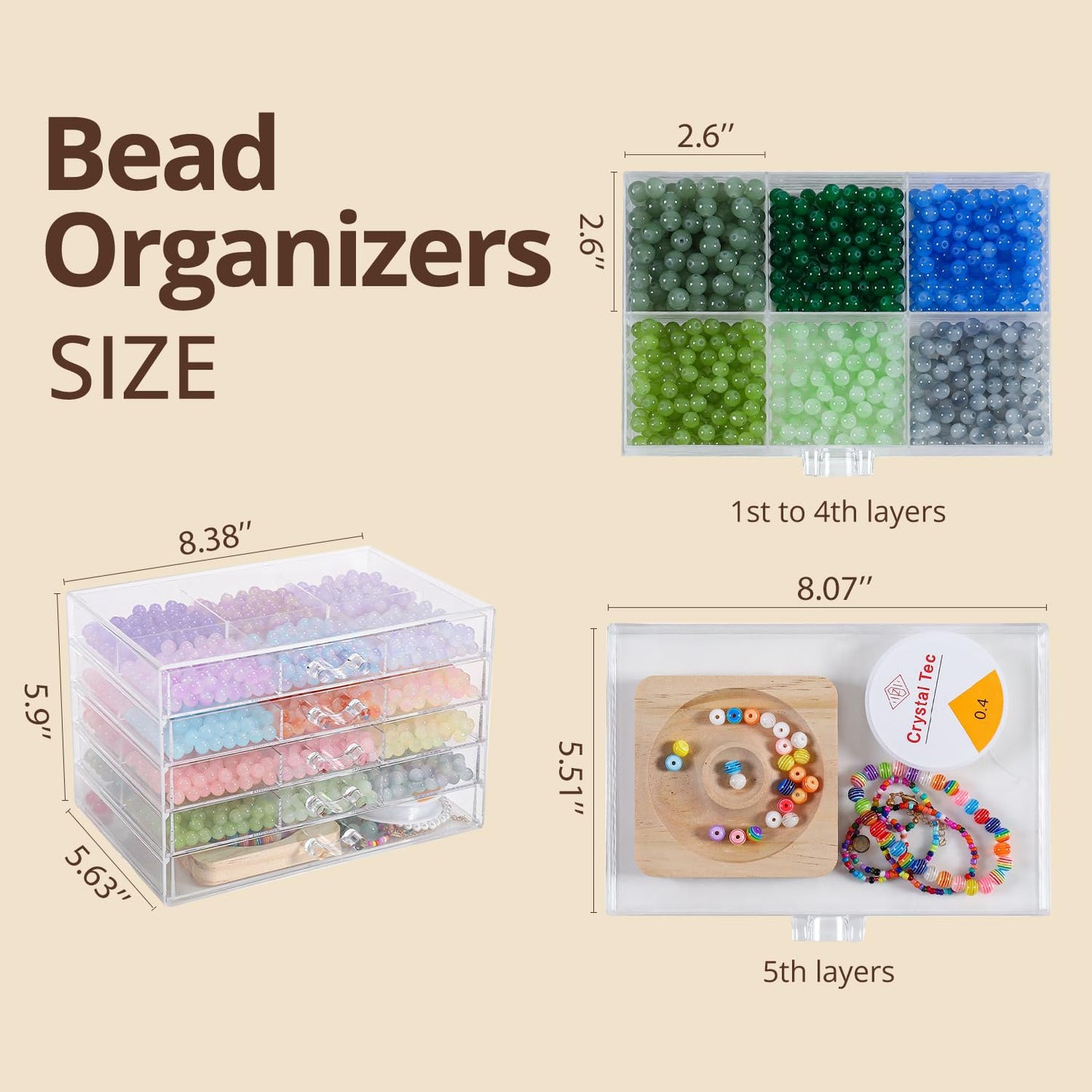 CLUQMEIK 5-Tier Large Bead Organizer Box, Acrylic Jewelry Storage Bead Containers with 5 Drawers, Suitable for Bracelet Making DIY Storing Beads Jewelry Rock Buttons.