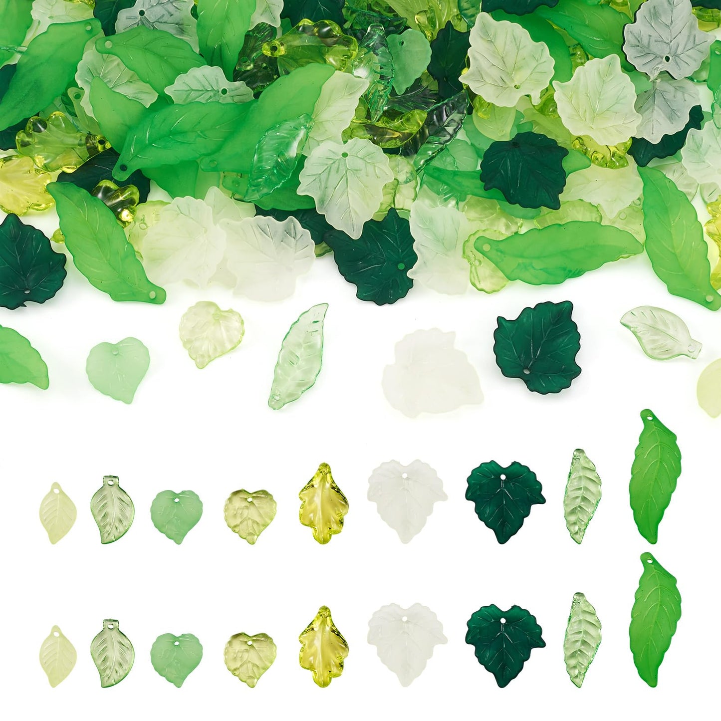 Craftdady 270pc Green Acrylic Leaf Bead Charms Transparent Frosted Maple Leaves Pendants with Loop for Earring Necklaces Jewelry Craft Making