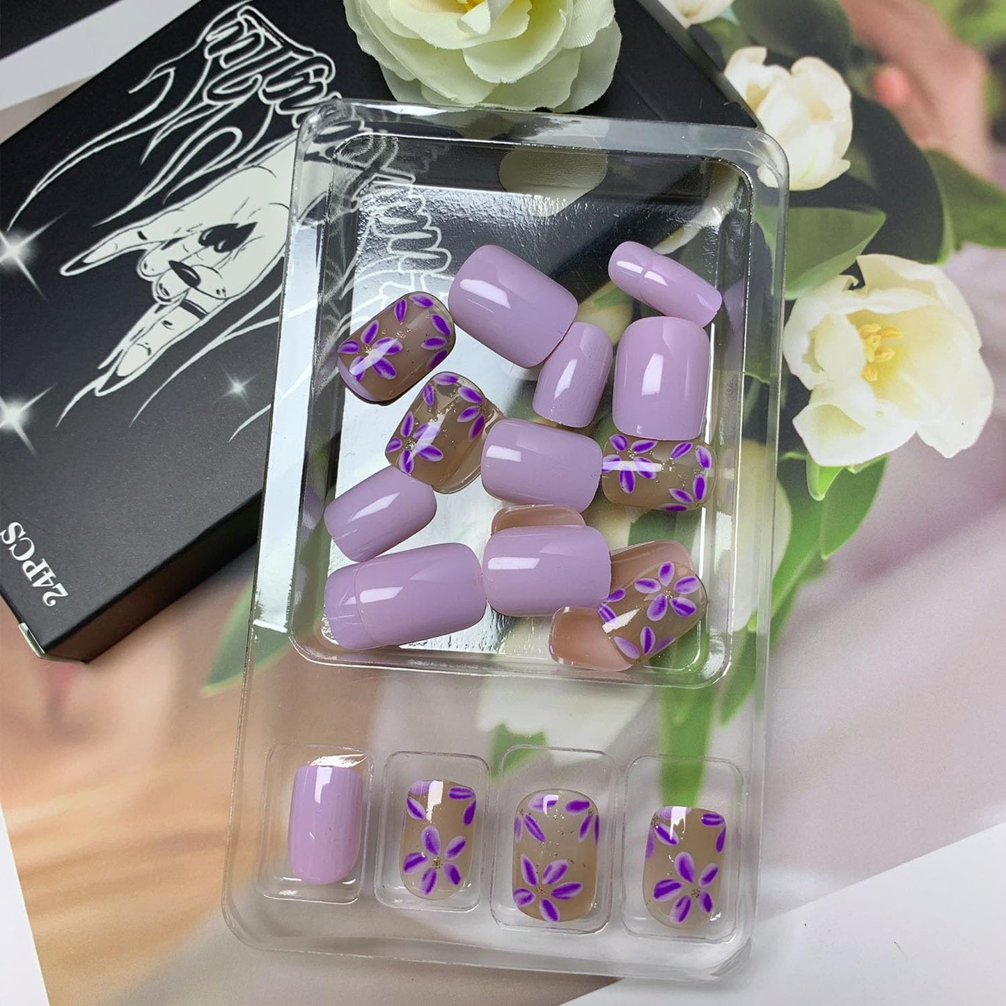 Light Purple Press on Nails Short Fake Nails with Flowers Designs Square Acrylic Nails Cute Full Cover Nails Press ons Gold Glitter & Reusable Stick on Nails for Women 24 Pcs