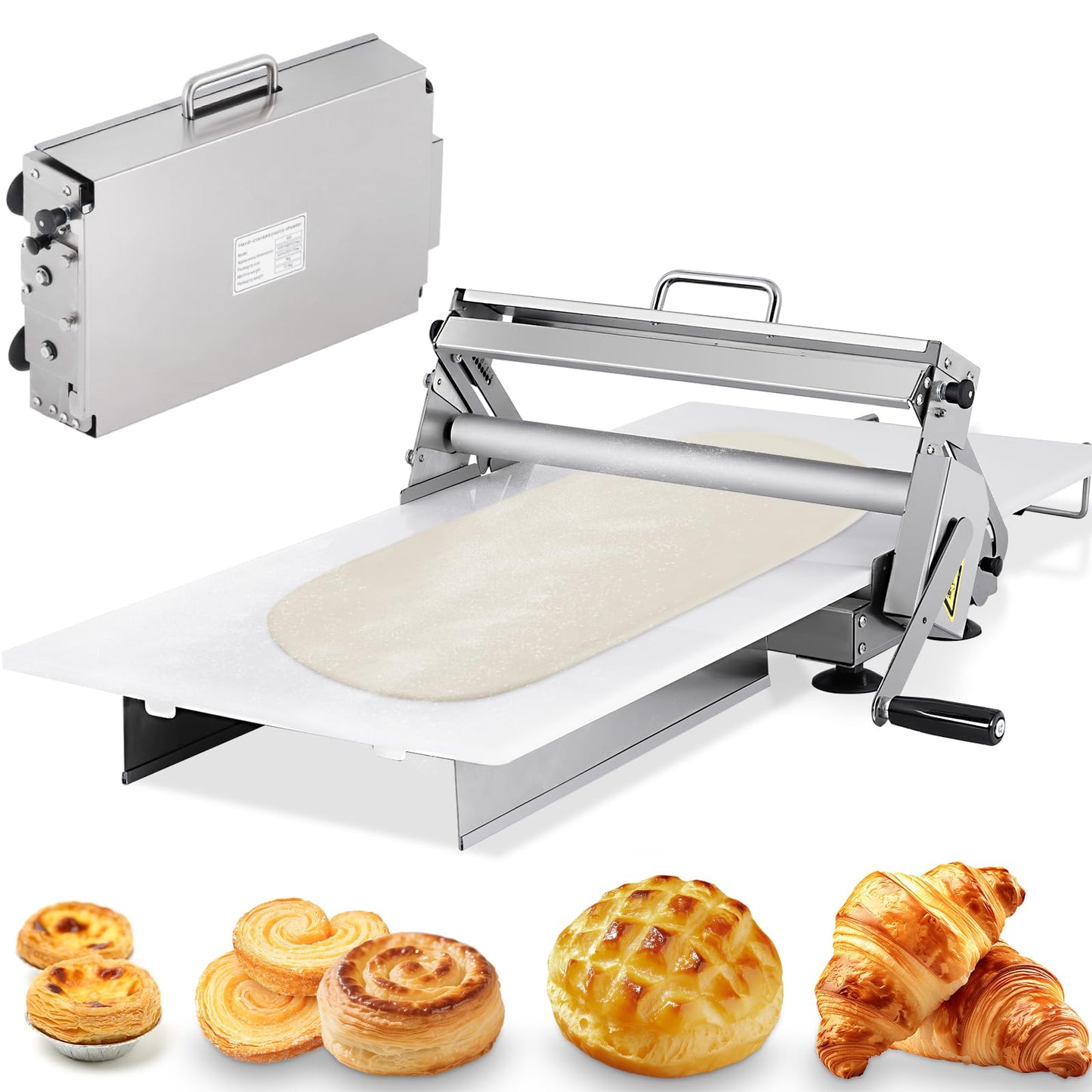 Folding Dough Sheeter 15.5in Manual Dough Sheeter Machine Folding Dough Rolling Machine Pastry Sheeter Stainless Steel Thickness Adjustable 2.5-25MM