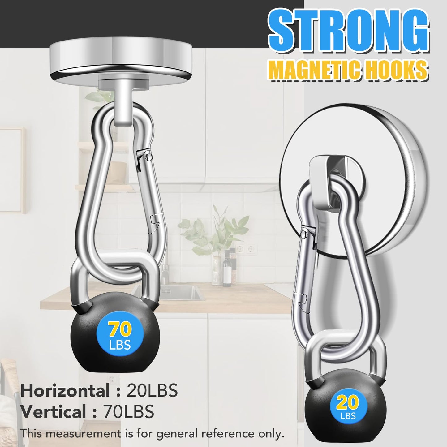 VSKIZ Magnetic Hooks,70Lbs Heavy Duty Magnetic Hooks with Swivel Carabiner for Cruise Cabins,6 Pack Extral Strong Neodymium Magnet Hooks Metal Magnetic Hanger for Toolbox, Grill, Fridge-25MM