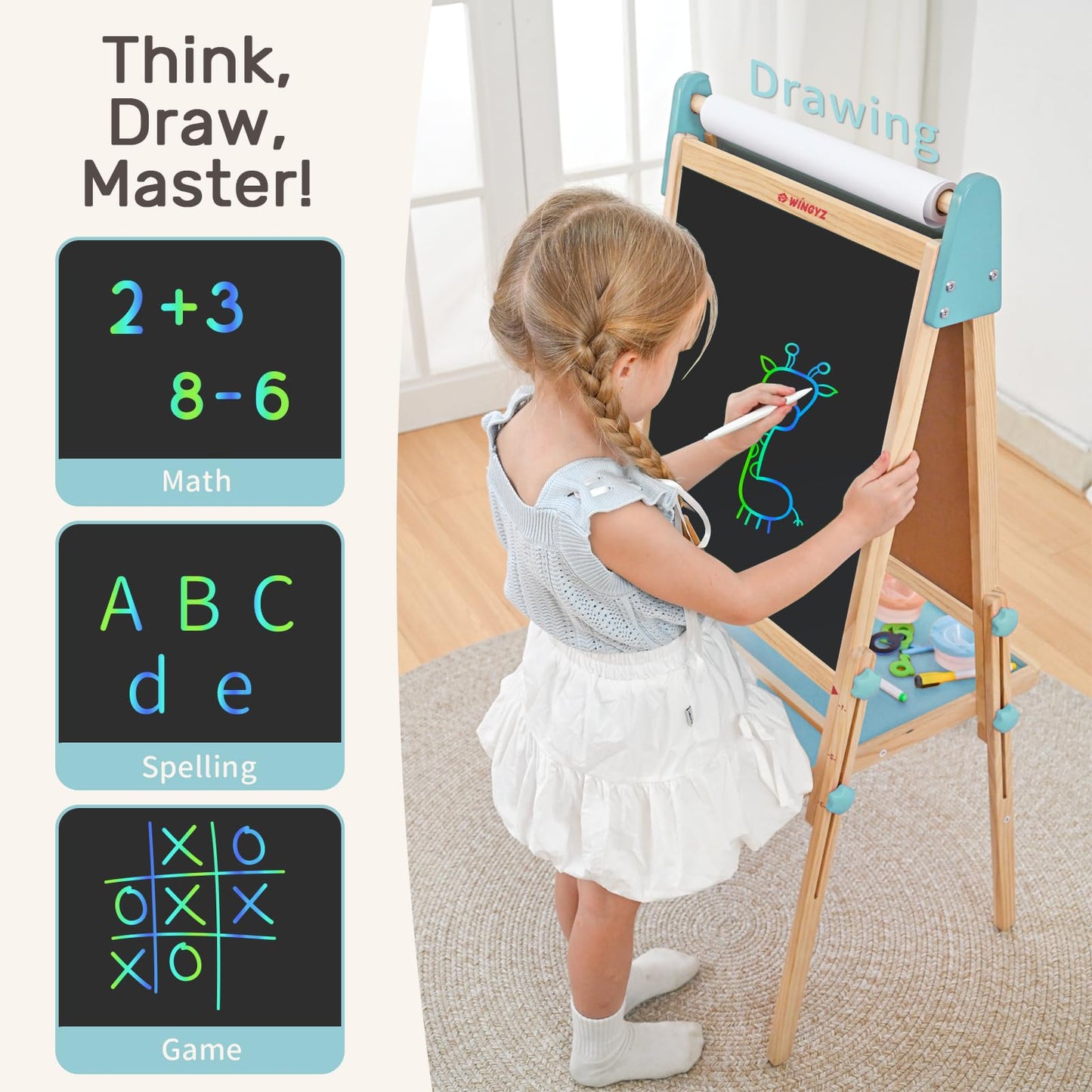 WINGYZ 24" LCD Easel for Kids, 3-in-1 Color Drawing Tablet with Blue Light-Free Screen, Whiteboard & Paper Roll, Adjustable Wooden Art Station for Ages 3-12, Mess-Free Creative Gift for Home & School