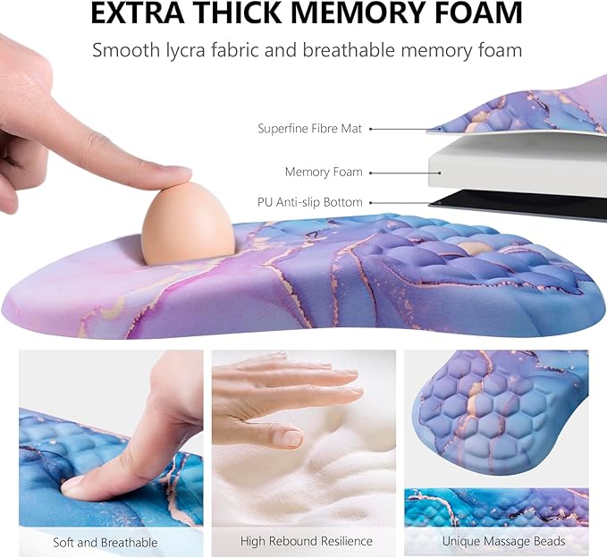 Mouse Pad Wrist Support, Laokiiy 2 in1 Keyboard Wrist Rest+ Ergonomic Mouse Pad, Non-Slip Wrist Rest for Computer Keyboard, Made Easy Typing & Relieve Wrist Pain(Blue Pink Marble)
