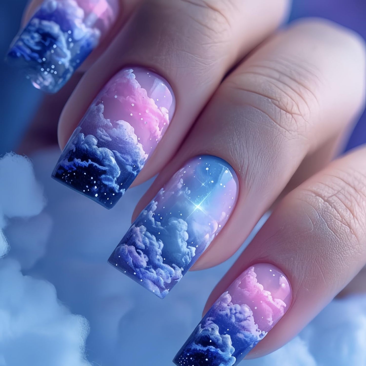 CJDLTS Press On Nails - Medium Aurora Sky Clouds Design, Glossy Full Cover Acrylic Coffin Nails, Reusable Glue On DIY Stick On Nails for Women, 24 Pcs