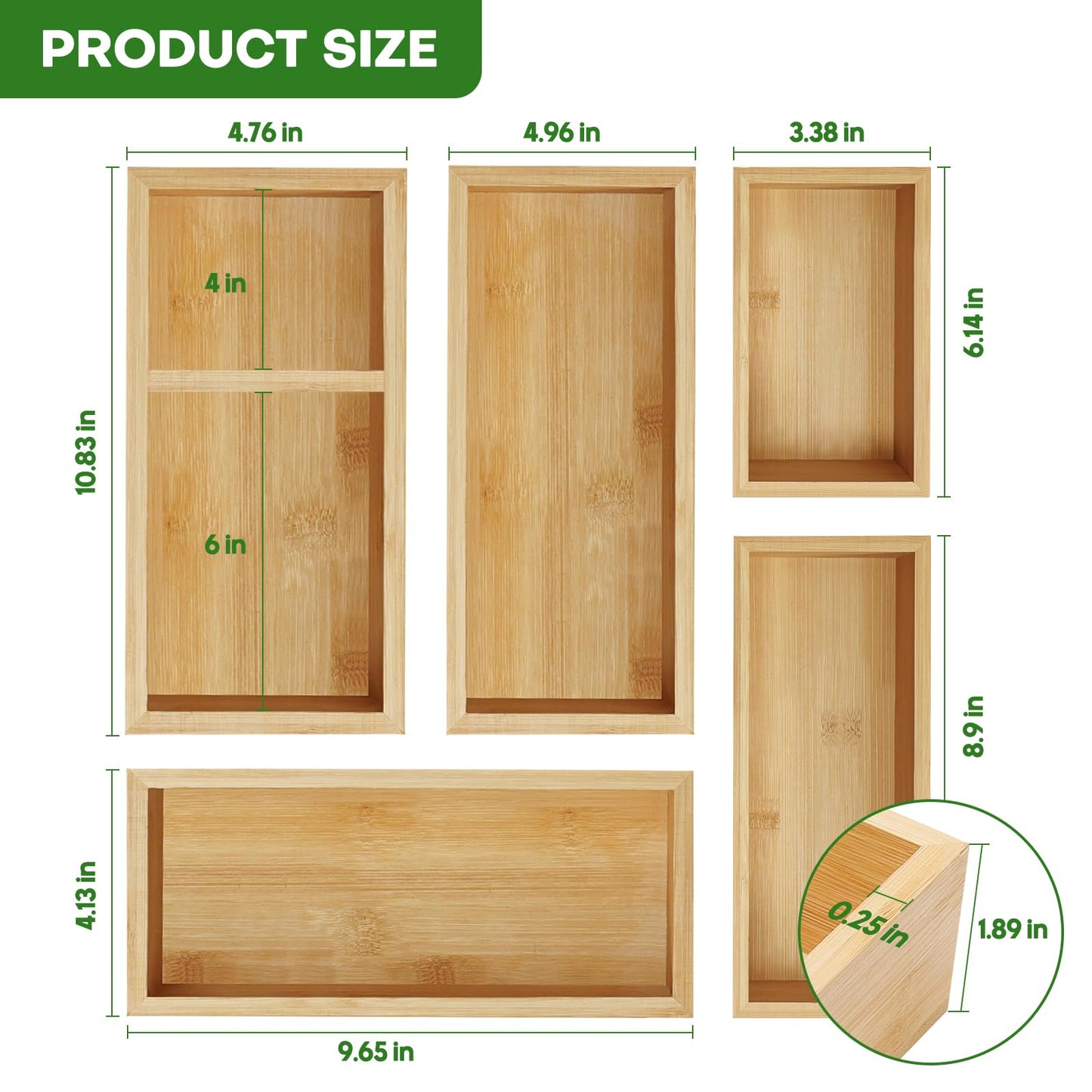 Bamboo Drawer Organizer Set, 5 PCS Multi-Use Individual Wood Storage Organizers, Junk Drawer Divider and Storage Trays Containers for Kitchen, Bathroom, Office Desk, Makeup, Jewelry, Utensils