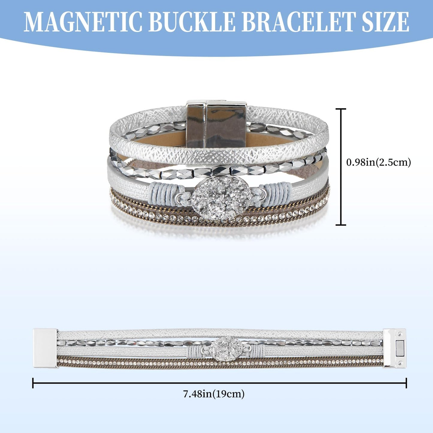 QIUTIMIY Leather Bracelets for Women Trendy Boho Cuff Bracelet Layered Bangle with Clasp Hand Wrist Jewelry Western(Style 7-Silver)