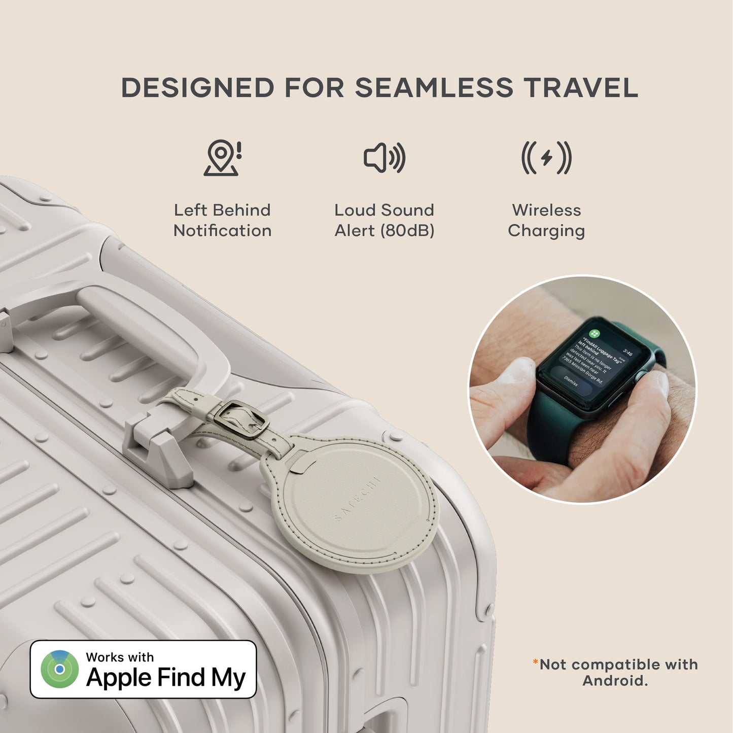 Satechi FindAll Smart Luggage Tag with Find My, TSA-Friendly, Airport Tracking, Left-Behind Alerts, Loud Audible Chime, Wireless Rechargeable, Works with iPhone, iPad, Mac – Sand