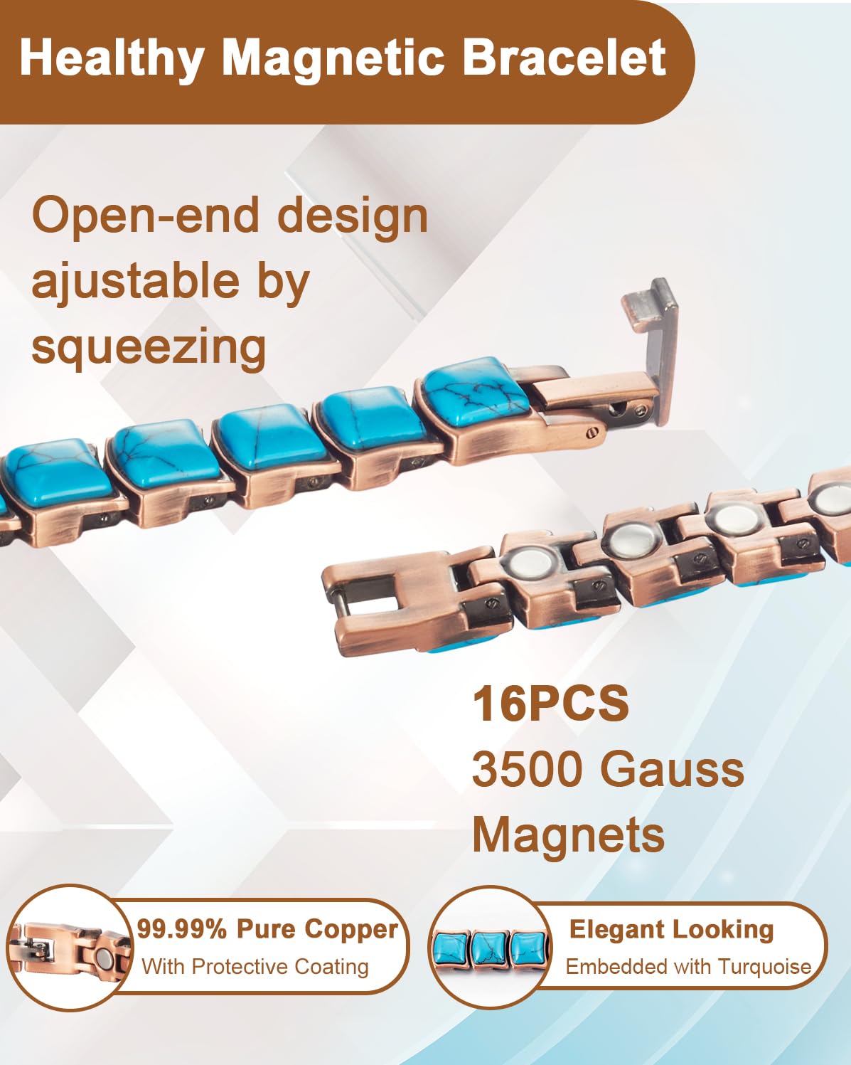 EnerCoppeX Copper Magnetic Bracelet for Women - Turquoize Detox Jewelry with 3500 Gauss Magnet (A)