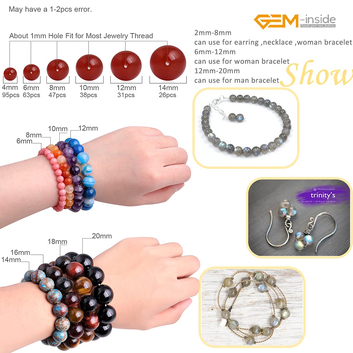 GEM-Inside Rainbow Flash Gray Labradorite Gemstone AAA Grade Natural 8mm Blue Crystal Energy Stone Power Beads for Jewelry Making 15"