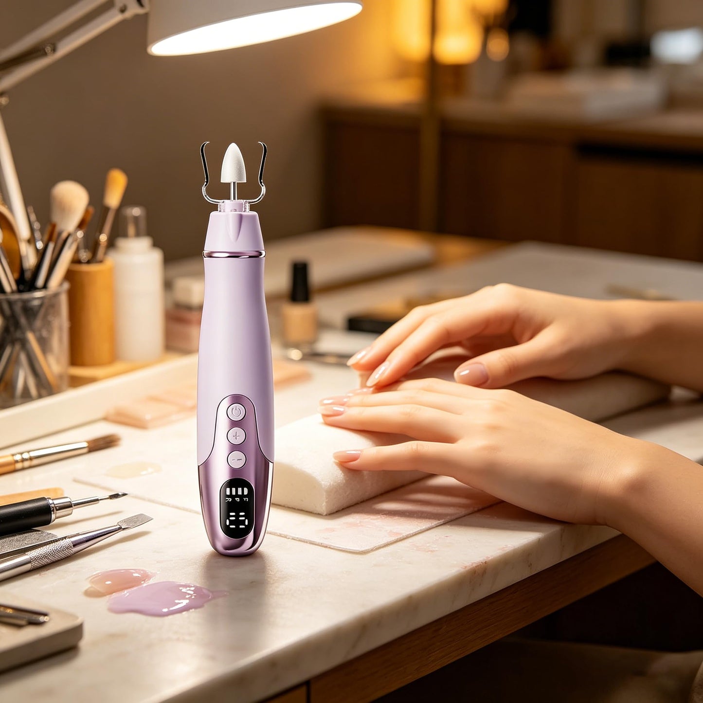 Cordless Electric Nail Drill Set: Professional Nail Filer with LCD & LED Lamp, Rechargeable Manicure-Pedicure Tools for Hand & Foot Care, for Thick Nails, Toenails & Cuticle Care (Purple)