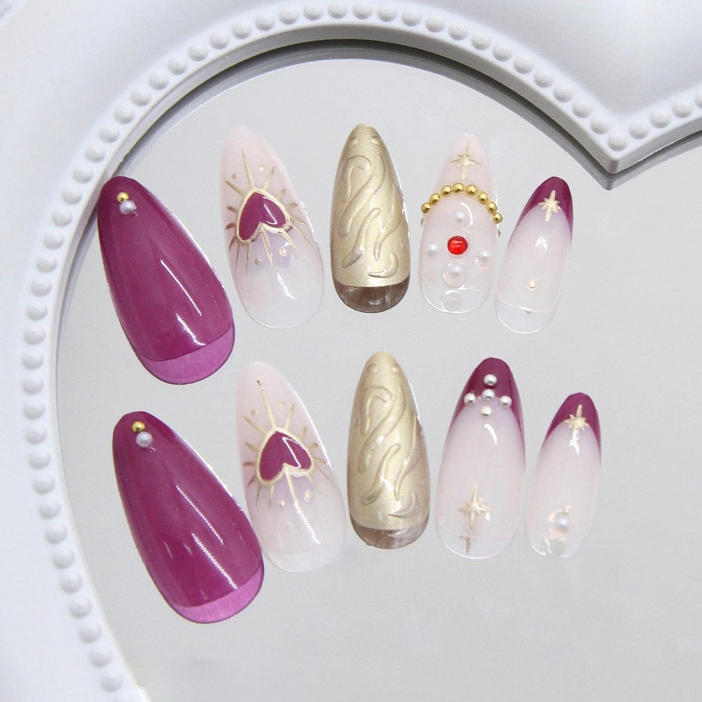 MISUD Press on Nails - Medium Almond Fake Nails with Purple French Tip, Acrylic Gold Chrome Design 24 pcs