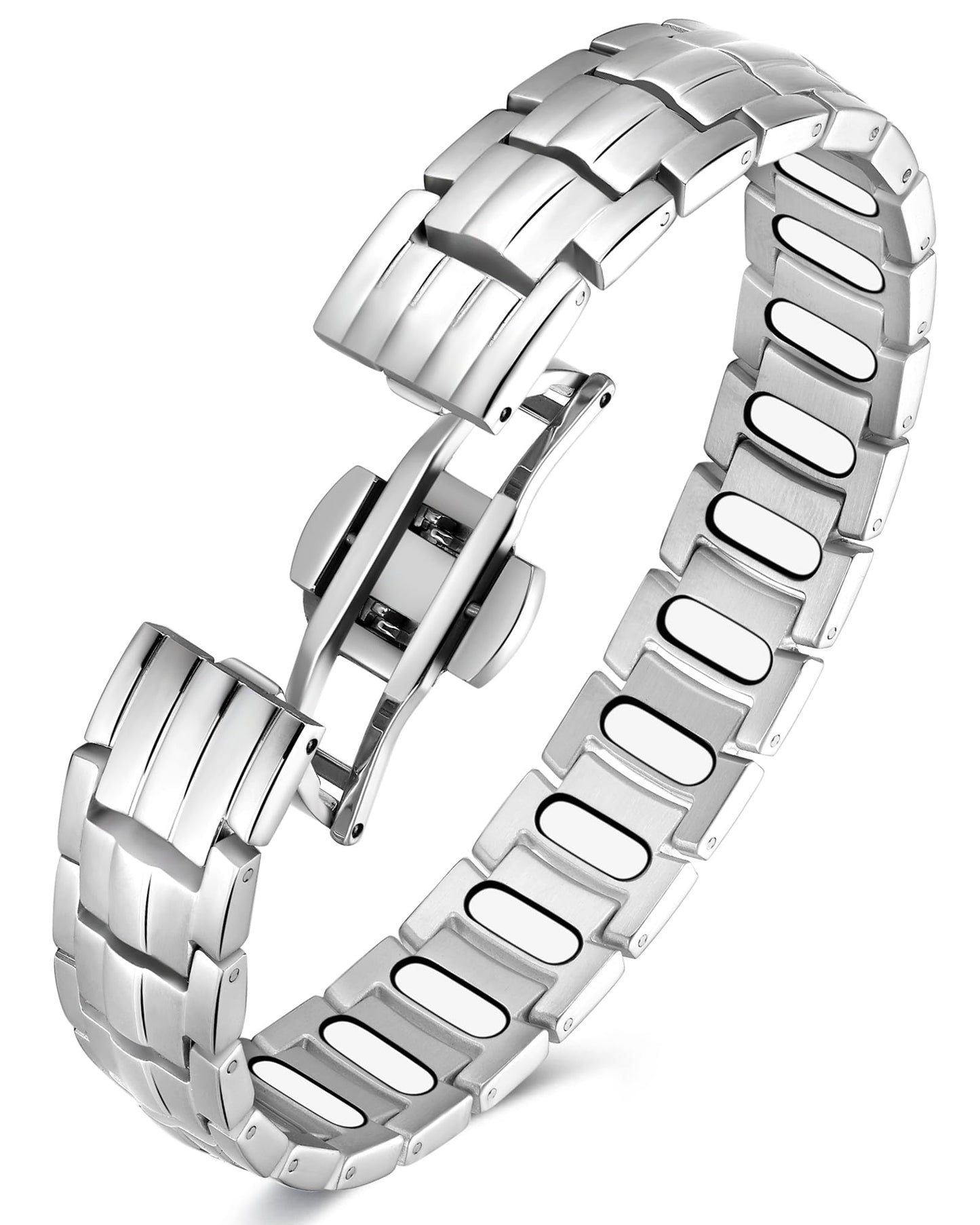 Feraco Magnetic Therapy Bracelet for Men,Titanium Steel Bracelet with 5X Strength Magnets,Premium Fold-Over Clasp (Silver)