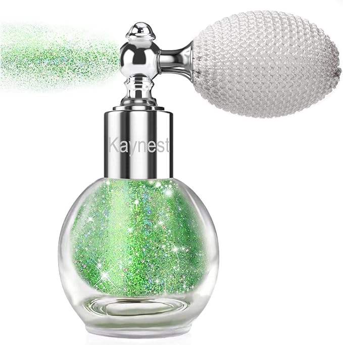 Highlighter Powder Spray, Longwear Glitter Spray for Body, Face, Hair, Shimmer Powder High Gloss Loose Powder Makeup Mist for Festive Party, Stage Shows, Nightclubs, Bar(Green)