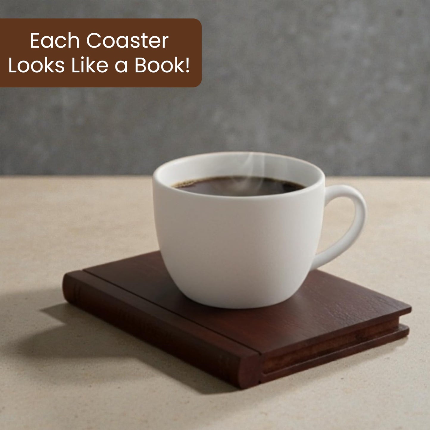 The Coaster Library | 100% Acacia Wood | Set of 5 Book-Style Decorative Drink Coasters with Wooden Stand | Coffee, Tea & Cocktail Display | Statement Tabletop Accent