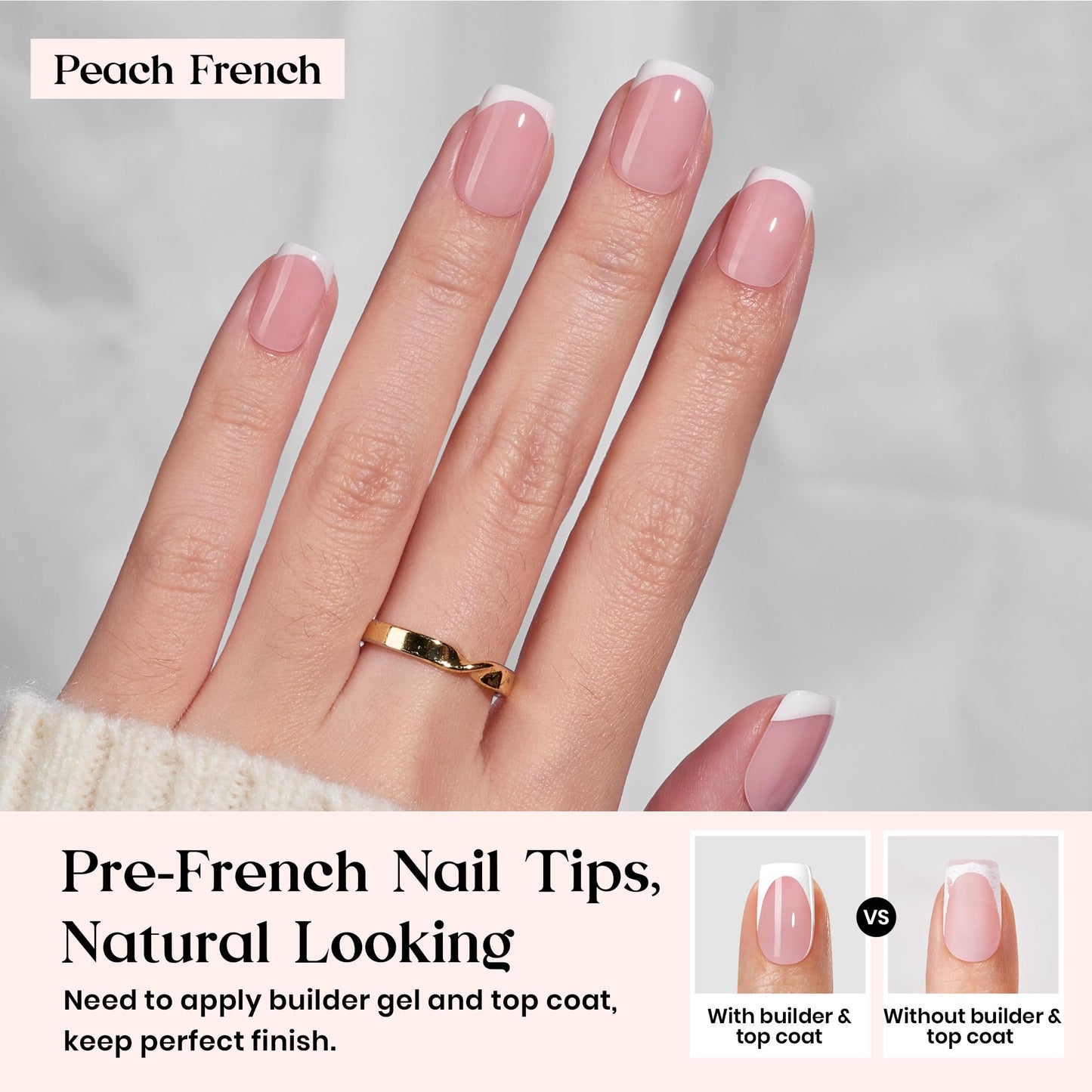 Beetles X Press Plus French Tip Nails - Peach French | Pink Extra Short Square Press On Nails | 15 Sizes 210 Pcs Natural Salon Quality Gel Nail Tips