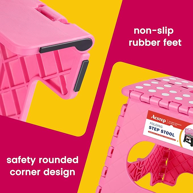 ACSTEP Folding Step Stool for Adults-11 Height Lightweight Plastic Stepping Stool. Foldable Step Stool Hold up to 300lbs Non Slip Collapsible Stool for Kitchen, Bathroom, Pink