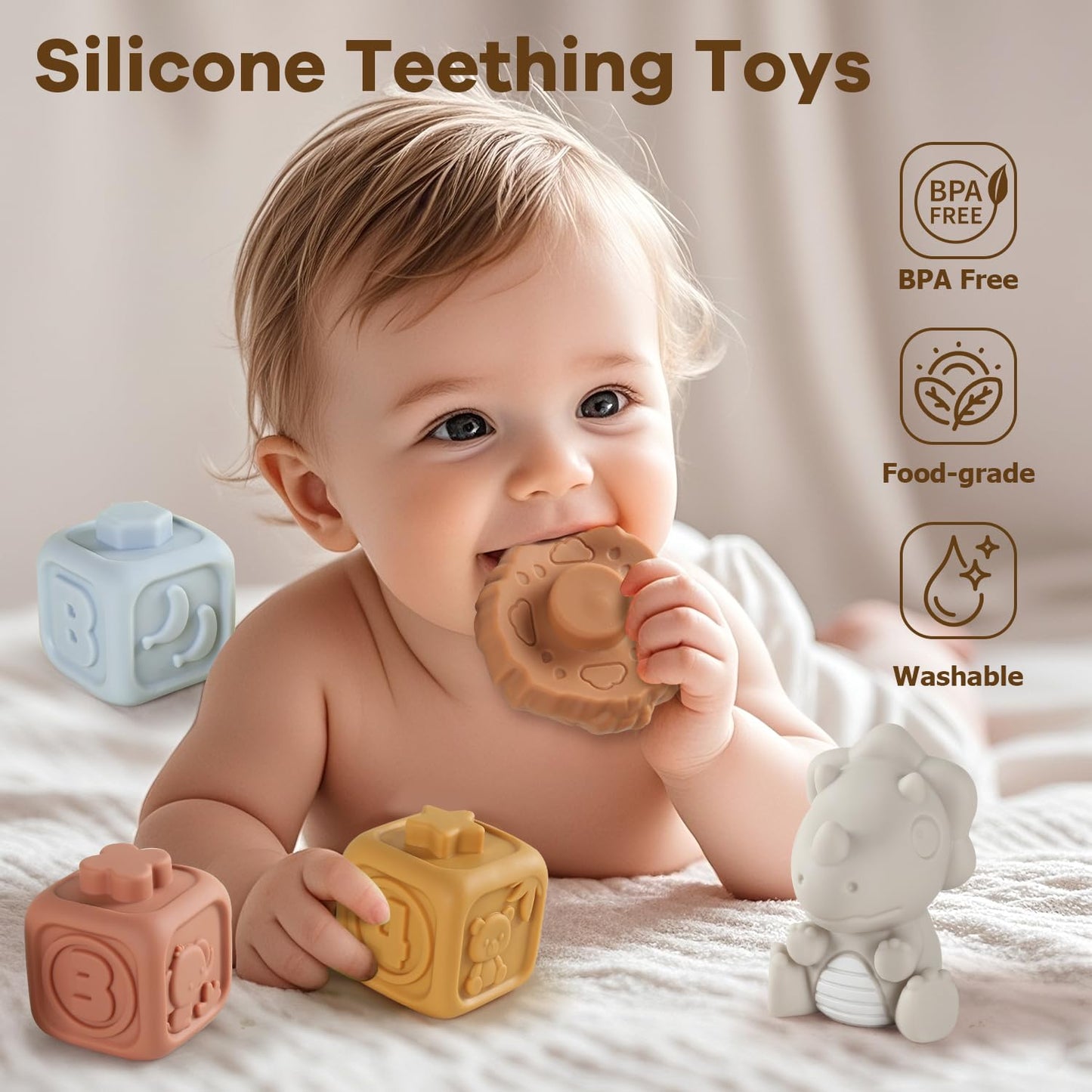 Yrkidstoi Stacking Rings & Nesting Building Blocks for Babies 6 12 18 Months, 14 Pcs Soft Stacker Teething Toys with 2 Dinosaur, Montessori Learning Toys for Infant Toddler Boys Girls