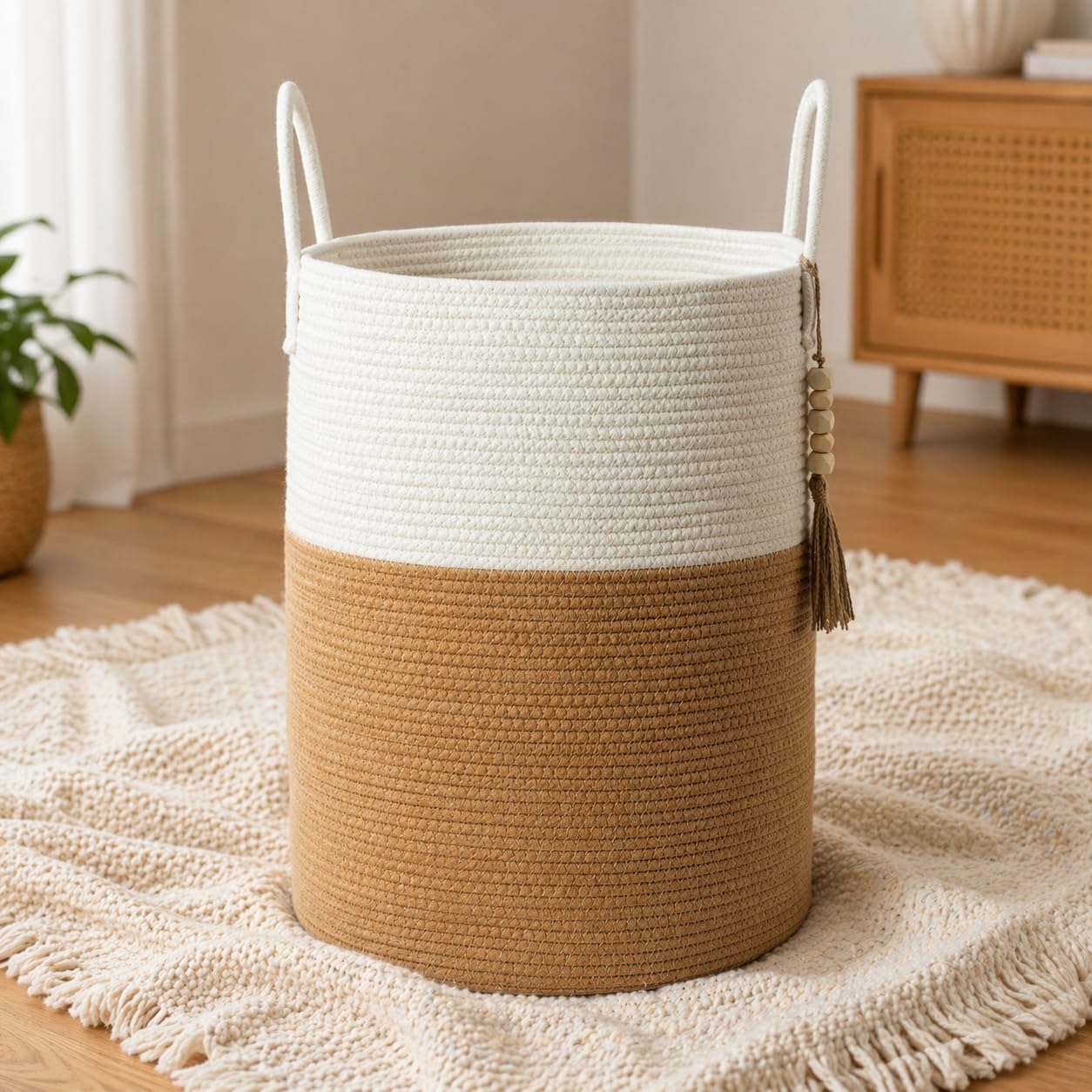 MANYOND Blanket Basket 58L, Woven Laundry Hamper Tall Laundry Basket with Boho Wooden Tassels, Large Cotton Rope Storage Basket for Blankets Pillows Toys, Living Room Nursery Bedroom Decor