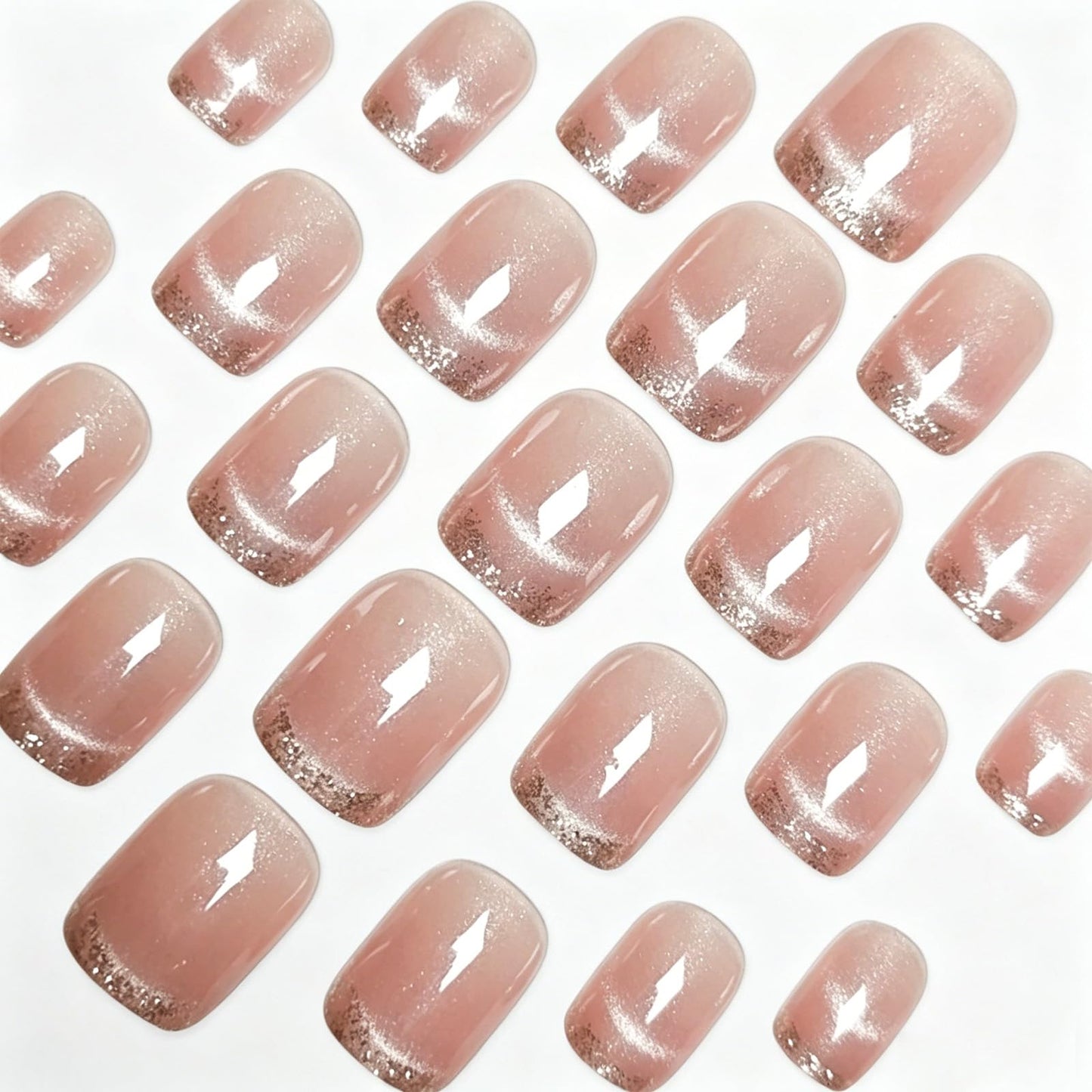 French Tip Press On Nails, Short Square GCSQW Fake Nails with Glitter Magnetic Gel, Nude Pink Glossy False Nails Reusable Acrylic Stick On Nails for Women, 24 Manicure Kit with Adhesive Tabs