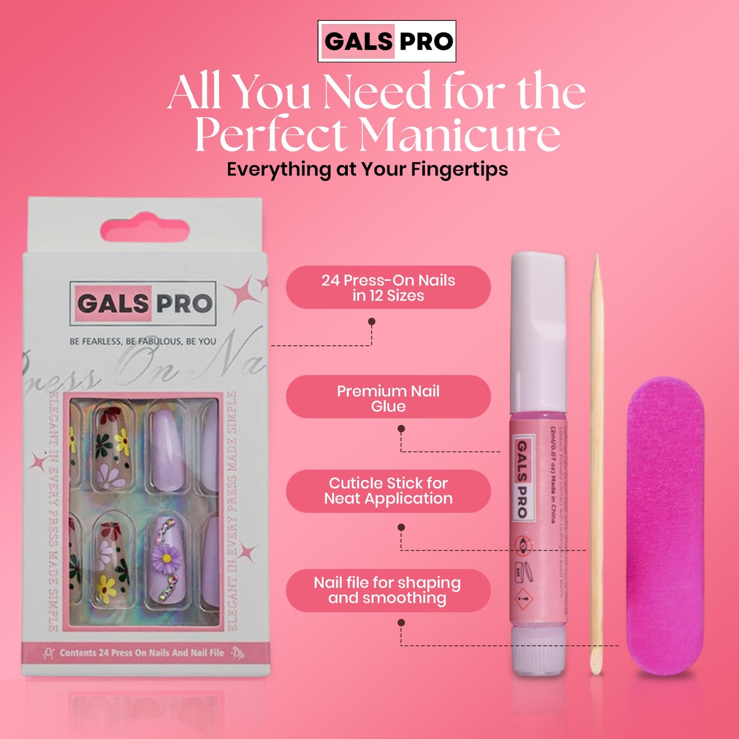 GALSPRO Medium Press on Nails - Set of 24 Fake Nails with Designs in 12 Different Sizes for Perfect Fit, Cute False Nails Kit for Women with 0.07oz Nail Glue, A Double Sided Nail File & Cuticle Stick