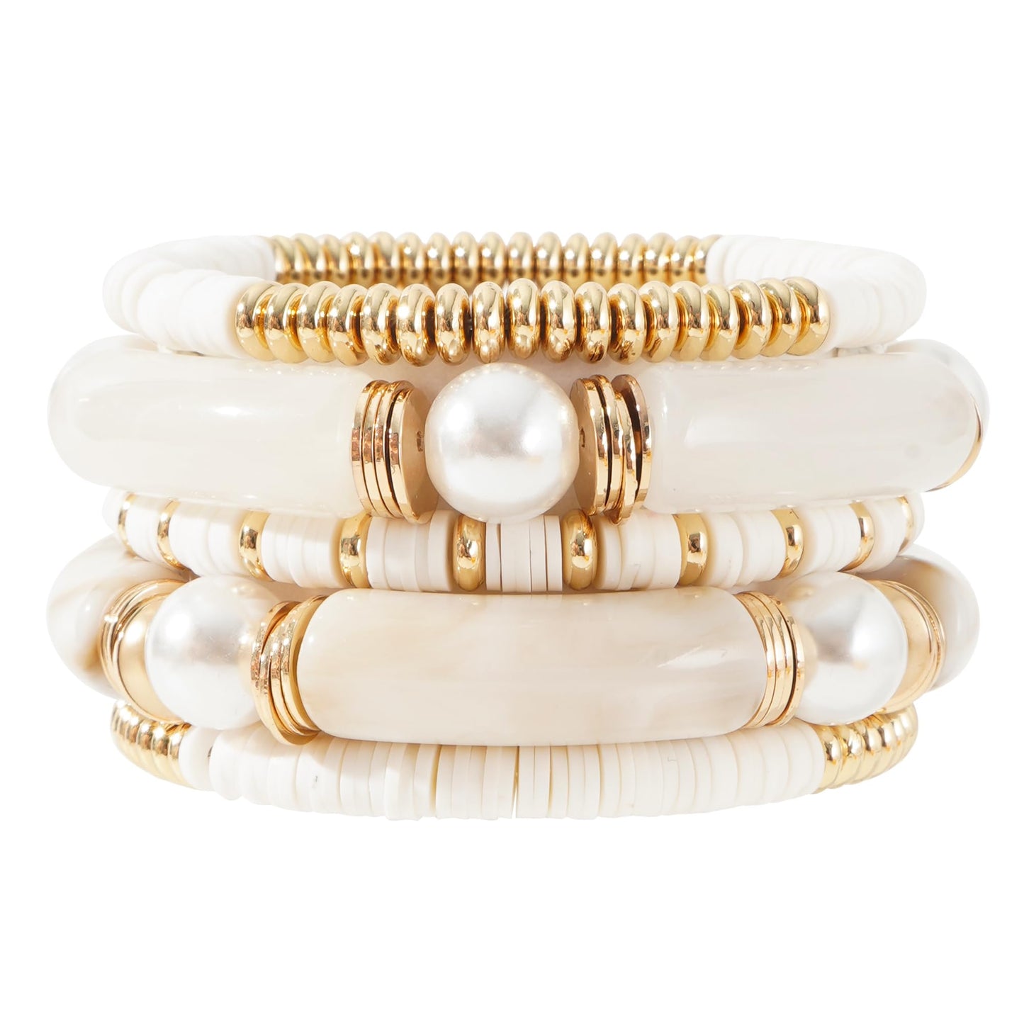GOOJIDS Chunky Simple Beaded Gold Plated Bangles Bracelet Bamboo Tube Curved Stacking White Acrylic Colorful Beads Stretchable Gold Plated Bracelets Set For Women