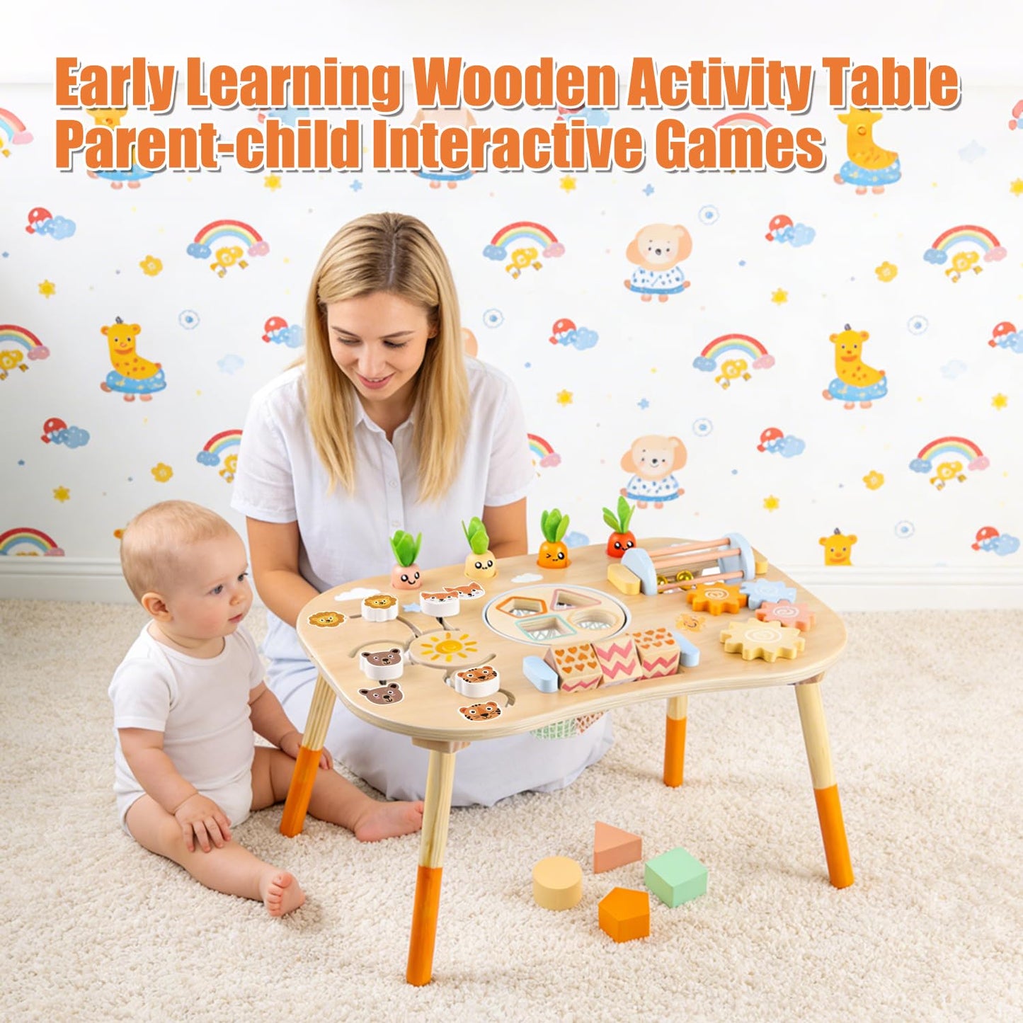 Wooden Activity Table for 1 Year Old Toddlers Sensory Table Activity Center 1-3 2 Baby Activity Table Kids Gift Game Wooden Montessori Table Shape Sorter Sensory Toys (Length*Height: 17"*11.8")