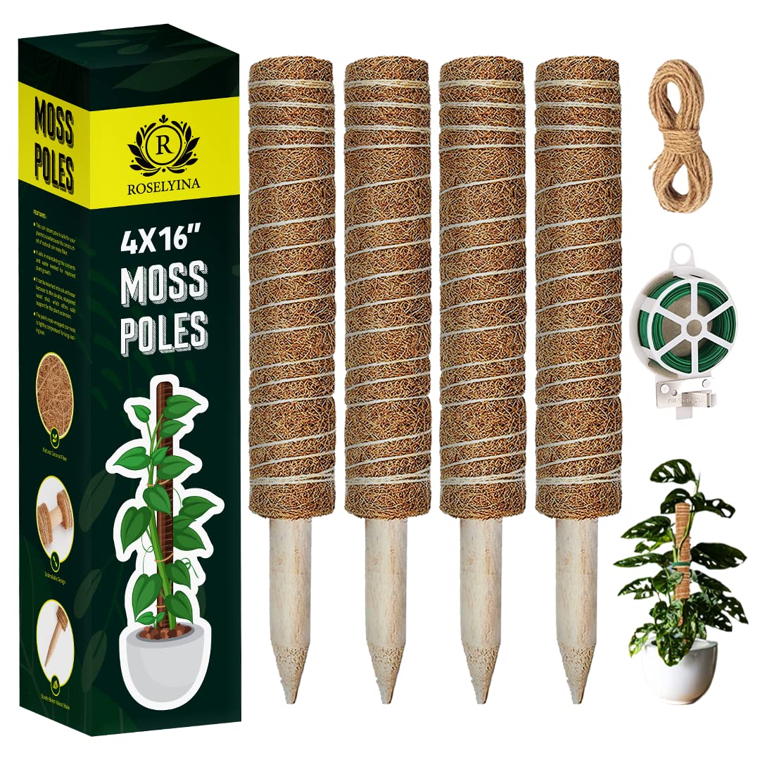 47.5 Inch Tall Moss Pole for Plants Monstera 4 Pcs 16 Inch Coir Totem Moss Pole Stick for Climbing Plants Indoor, Plant Support Extension/Trellis, Train Indoor Creepers to Grow Upwards 65ft Twist Tie.