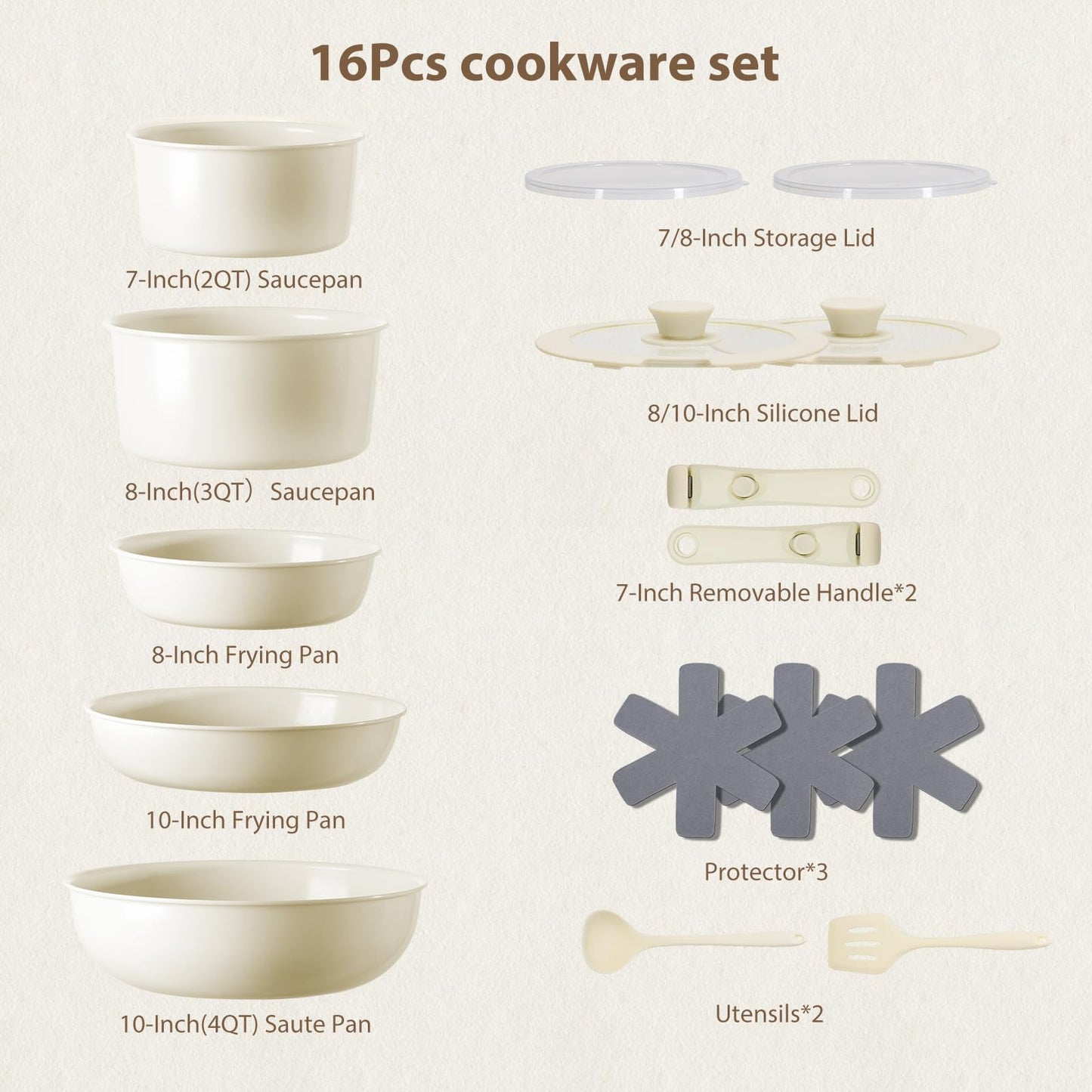Pots and Pans Non Stick,16Pcs Ceramic Nonstick Cookware Sets, Induction Kitchen tagines Set with Removable Handle, Cooking Frying Pans & Saucepans(PFOA Free), Oven/Dishwasher/Fridge Safe, Space Saving