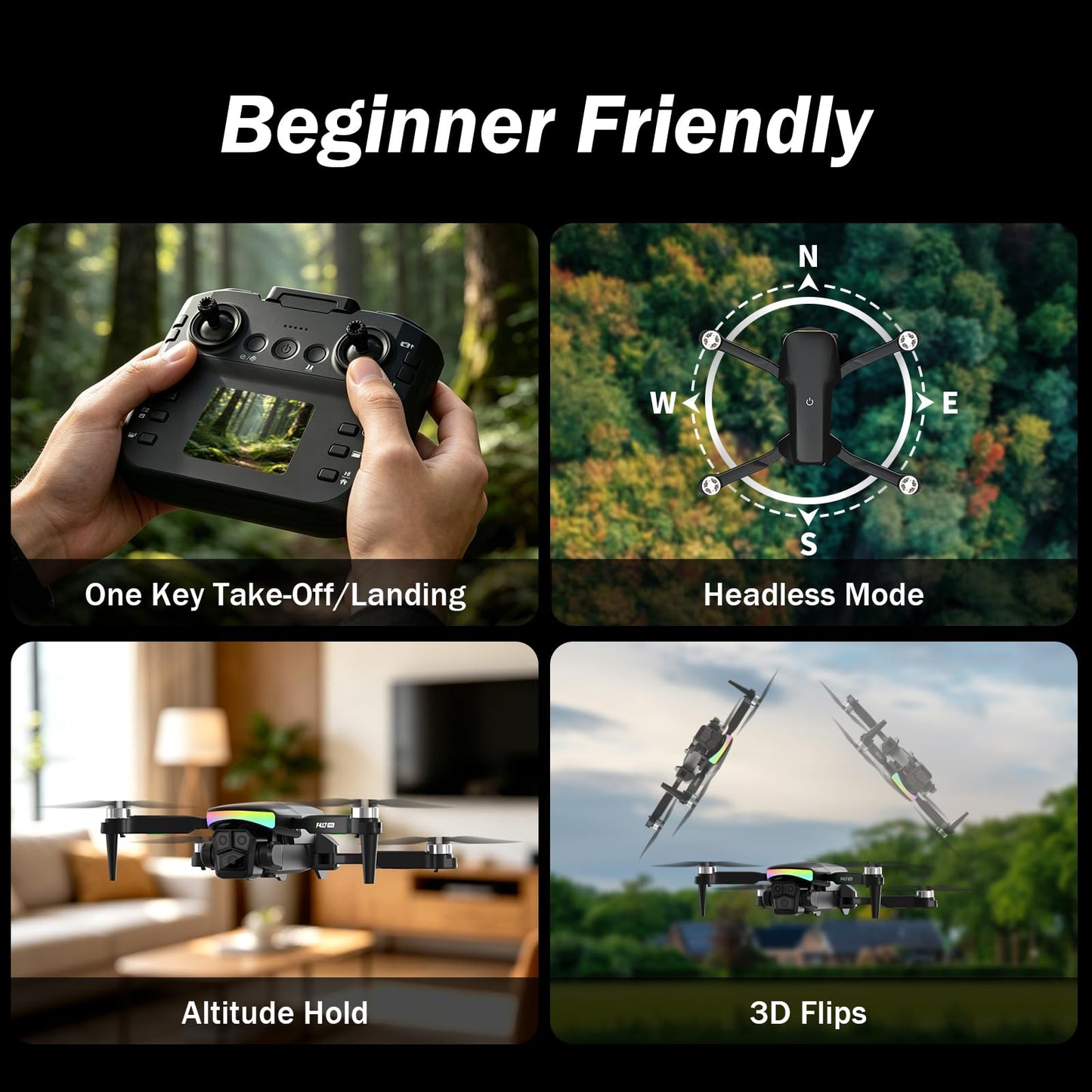 F417PRO Drone with Camera 1080P for Adults Kids, Mini Drone with Screen, Adult Drone, Dual 90° Lens, LED Lights, Optical Flow, Modular Battery, Beginner Drone, One Key Start, Headless, 3D Flip, Case