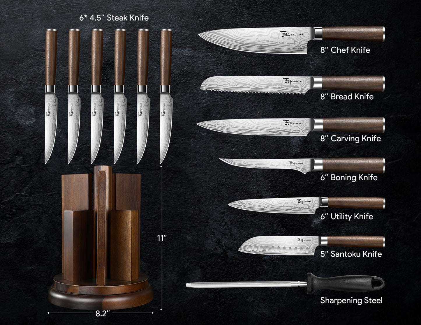 SYOKAMI 2026 Upgrade Knife Set 14 Piece Japanese Style Kitchen Knife Set With 360° Rotatable Magnetic Block, Sharp High Carbon Stainless Steel Knives Sets with Steak Knives and Sharpener, Gift for Mom