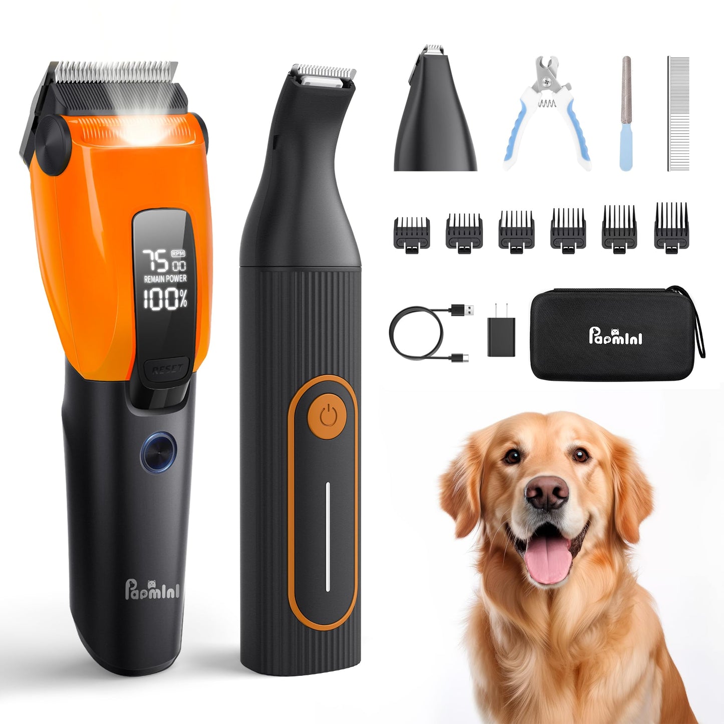 PAPMINI Dog & Cat Grooming Kit for Thick Coats, Heavy Duty Rechargeable Trimmer with LED Display & Storage Bag (Orange, 2 in 1)