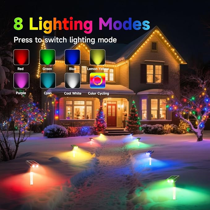 Color Changing Solar Spot Lights Outdoor with PC Light Guide Column, 8 Lighting Modes Christmas Outdoor Spotlight, IP65 Waterproof RGB Solar Spotlight for Garden Yard Tree Pathway, 4Pack
