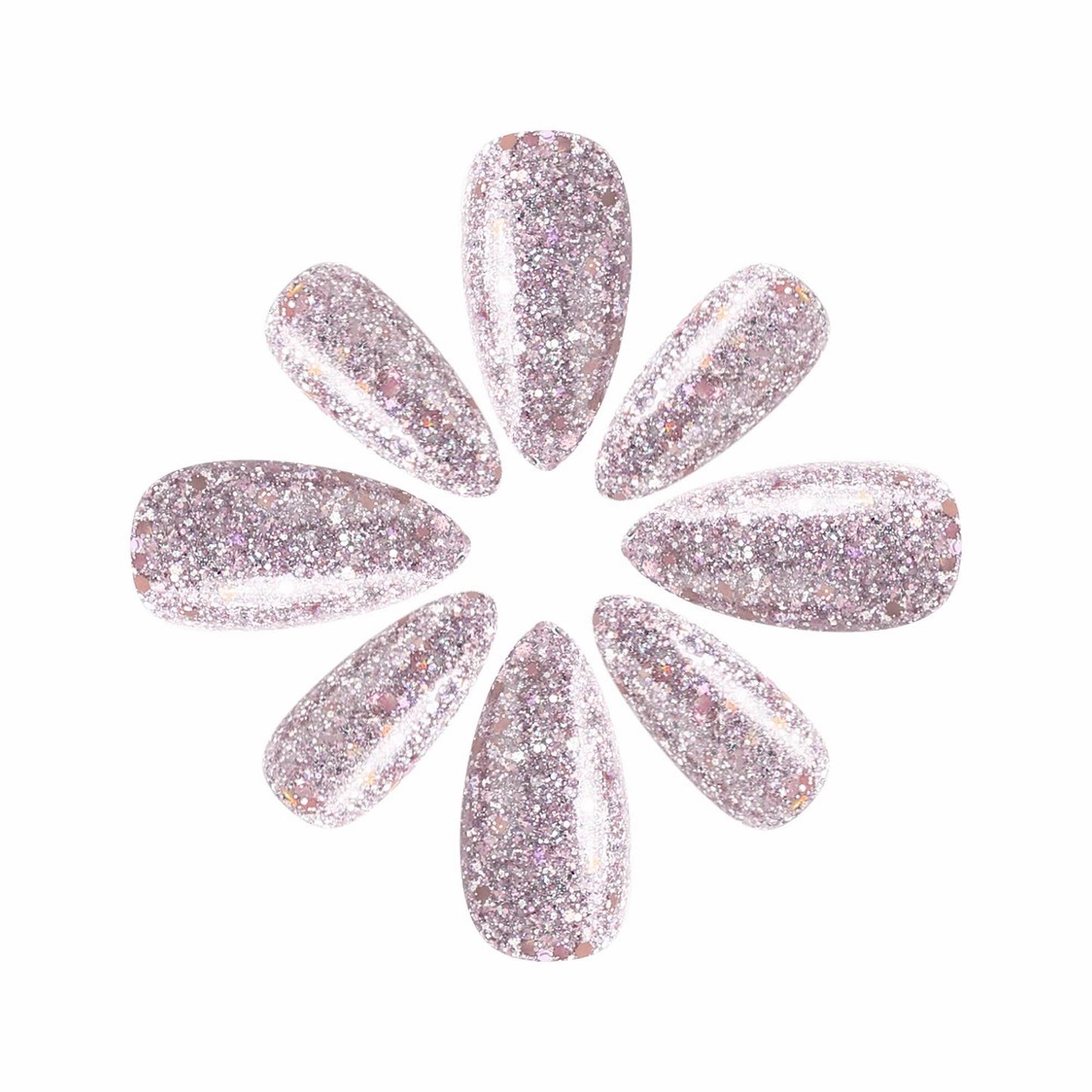 IMRAIN Glitter Press on Nails Medium Almond Pink Fake Nails Glossy Glue on Acrylic Nails Full Cover Sparkling Artificial False Nails for Women Girls 24Pcs