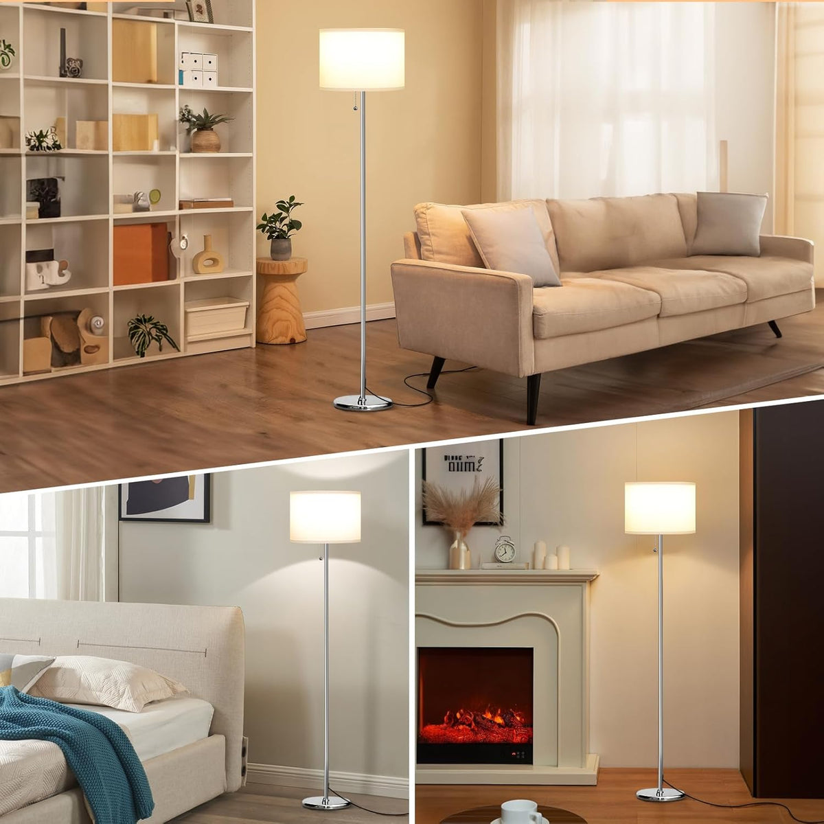 Ambimall Floor Lamps for Living Room with 3 Color Temperatures Bulb & Pull Chain Switch, 60" Modern Standing Floor Lamp for Bedroom Kids Room Study Room(White Shade & Silver Pole)