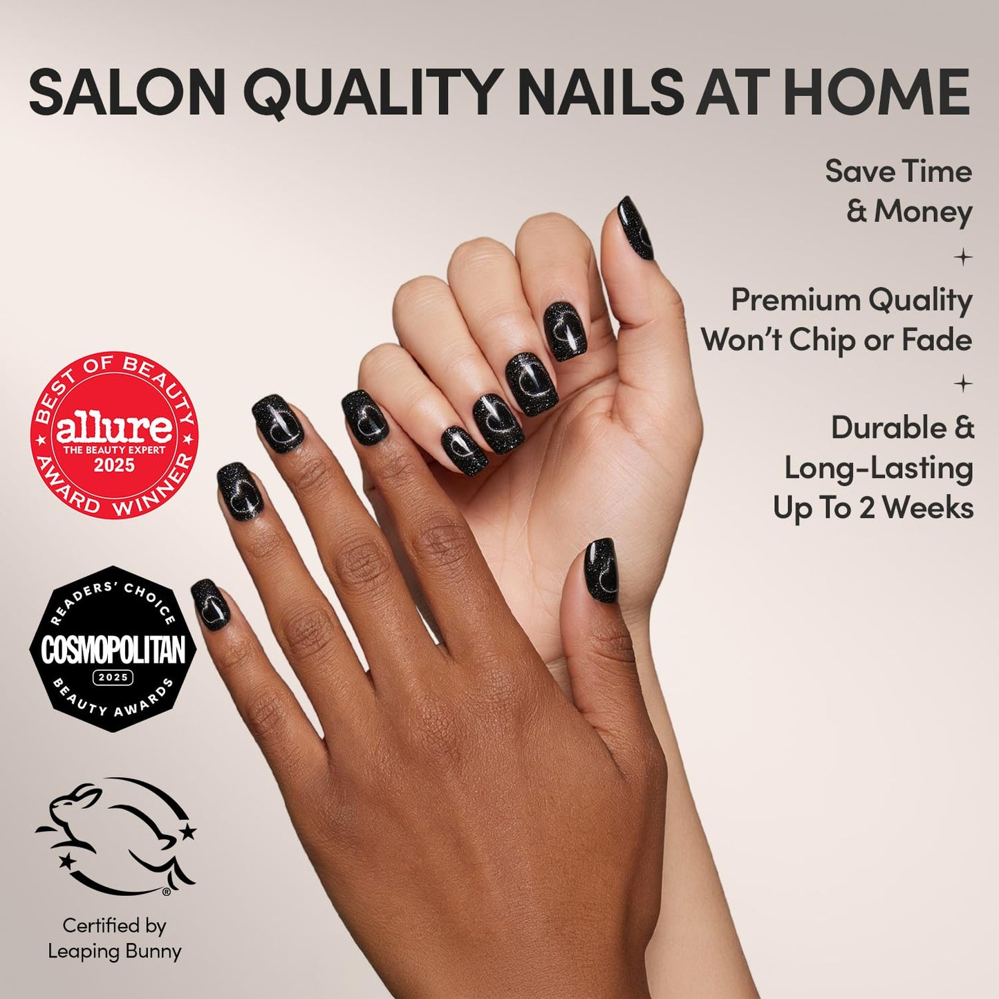 Glamnetic Press On Nails - Midnight Romance | Short Squoval Black Fake Nails with Magnetic Cat-Eye Design & Finish, Salon Quality | 15 Sizes - 30 Nail Kit with Glue
