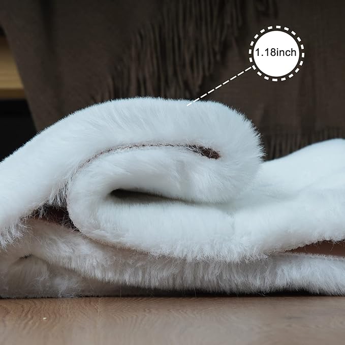 Ghouse Ultra Soft Faux Rabbit Fur Rug, Machine Washable Area Rugs for Bedroom Fluffy Rugs for Living Room, No-Shedding Carpet Sheepskin Runner Rugs White 2x10 Feet