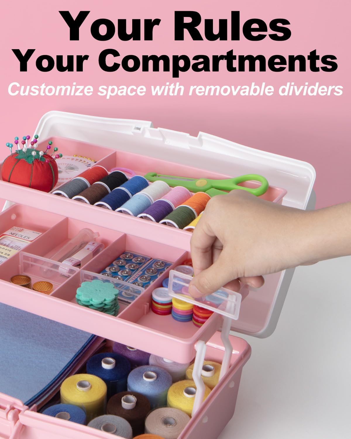 TERGOO 12in 3-Layer Plastic Craft Organizers and Storage, Portable Folding Tackle Box with Handle & Adjustable Dividers, Multipurpose Case for Sewing, Art Supplies, Medicine, Tools (White Pink)