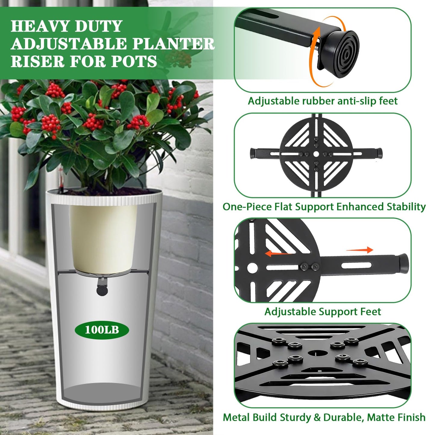 Adjustable Plant Risers for Inside Pots-100lb Heavy Duty Metal Plant Riser with Rubber Feet, Easy Assembly, Fits Round/Square/Tapered Pots, Indoor Outdoor Use (Adjustable Size Range:10-14"- 2Pack)