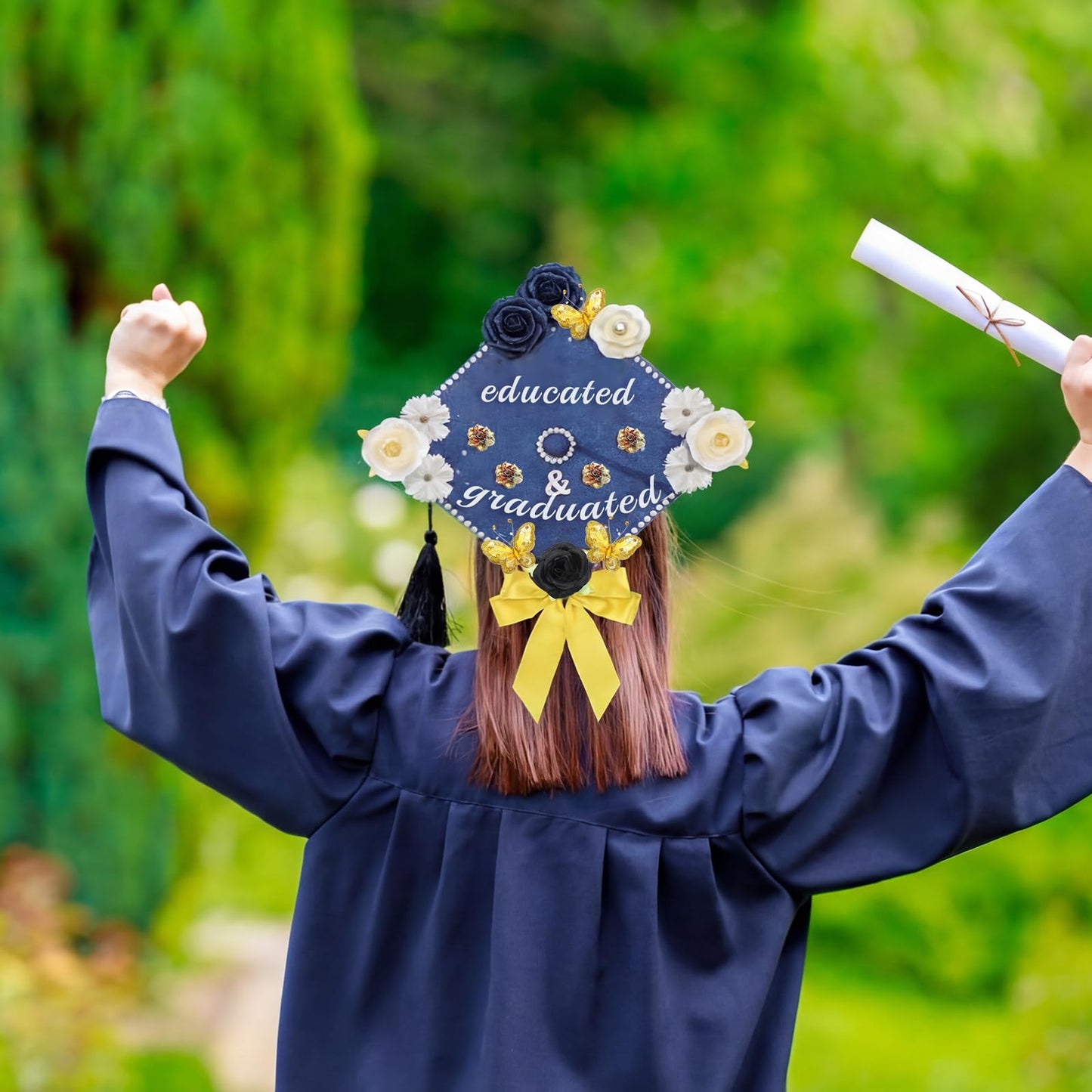 Knitgrip 33 DIY Graduation Cap Decorations Kit Blue 2026 Grad Cap Decor with Bow 3D Butterfly Faux Flowers Self-adhesive Rhinestones Letter for DIY Educated and Graduated Grad Hat Topper