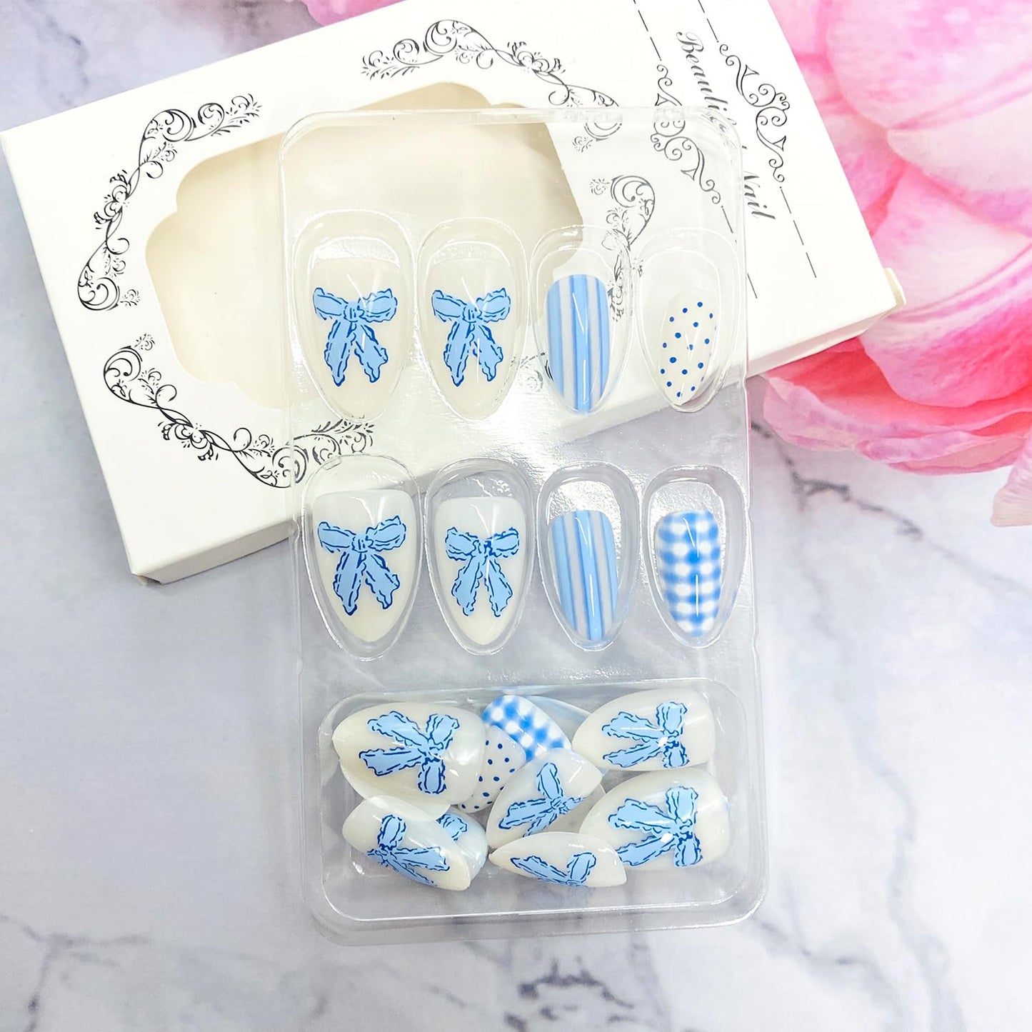 LWTZLW Polka Dots Press on Nails Short Almond False Nails with Bow Plaid Stripes Design Full Cover Glue on Nail Blue Summer Reusable Acrylic Fake Nails Glossy Artificial Stick on Nail for Women