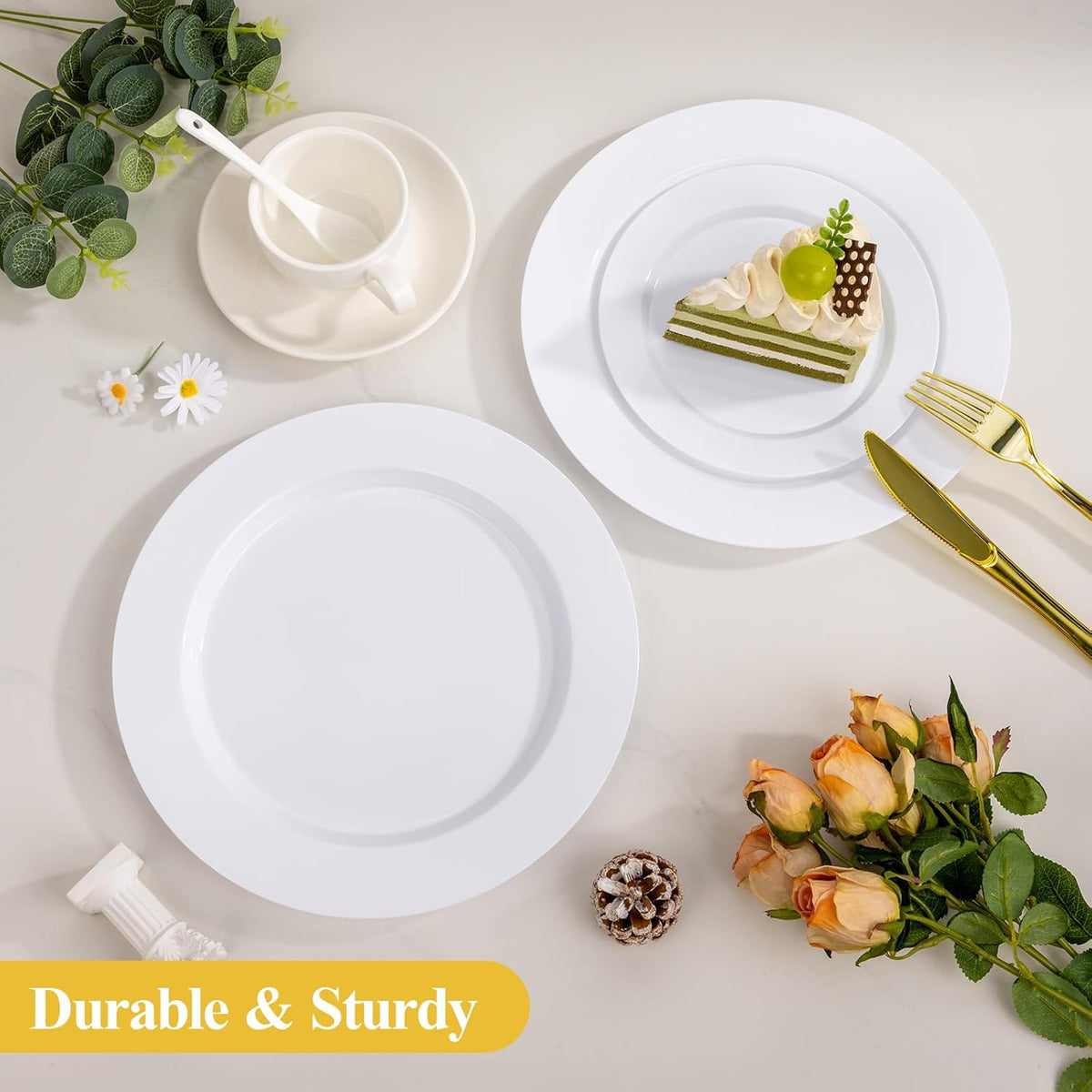 Goodluck 200PCS White Plastic Plates, Heavy Duty Disposable Plates with 100 10.25 inch Dinner Plates and 100 7.5 inch Dessert Plates for Party, Holiday, Wedding, Thanksgiving