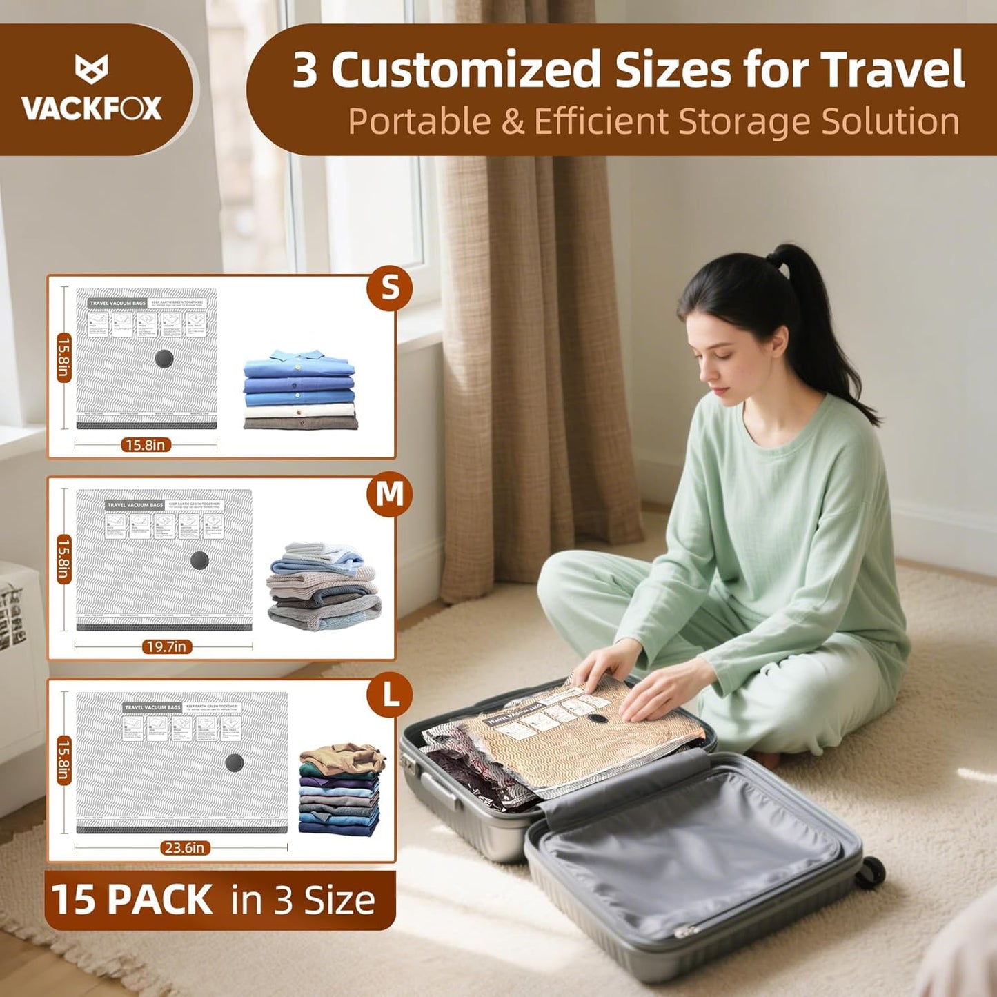 VACKFOX 15 Pack Vacuum Compression Bags for Travel, Carry-on Size Seal Packing Cubes for Luggage,Vacuum Storage Bags, Space Saver for Clothes 80% for Travel & Home(No pump)