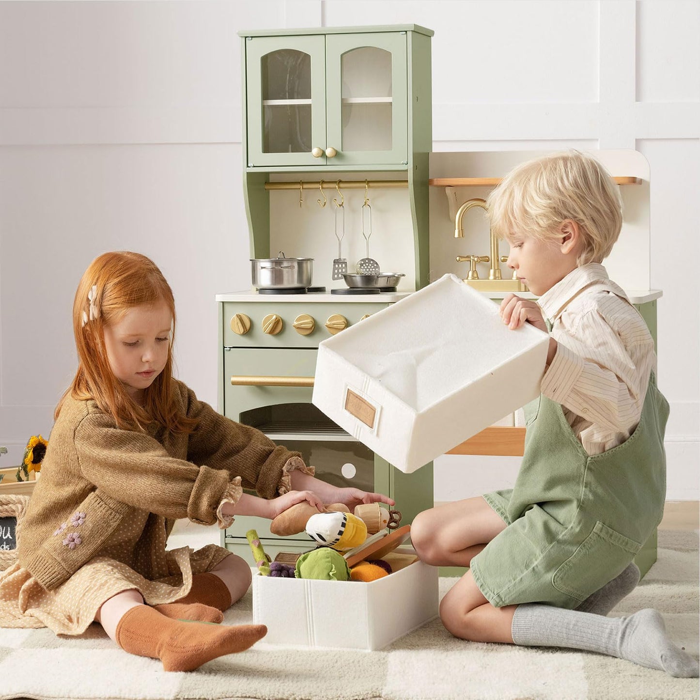 Tiny Land Wooden Play Kitchen for Kids – Enhanced Storage with Cabinets & Bins, Modern Toddler Kitchen Playset with Stove, Sink & Accessories