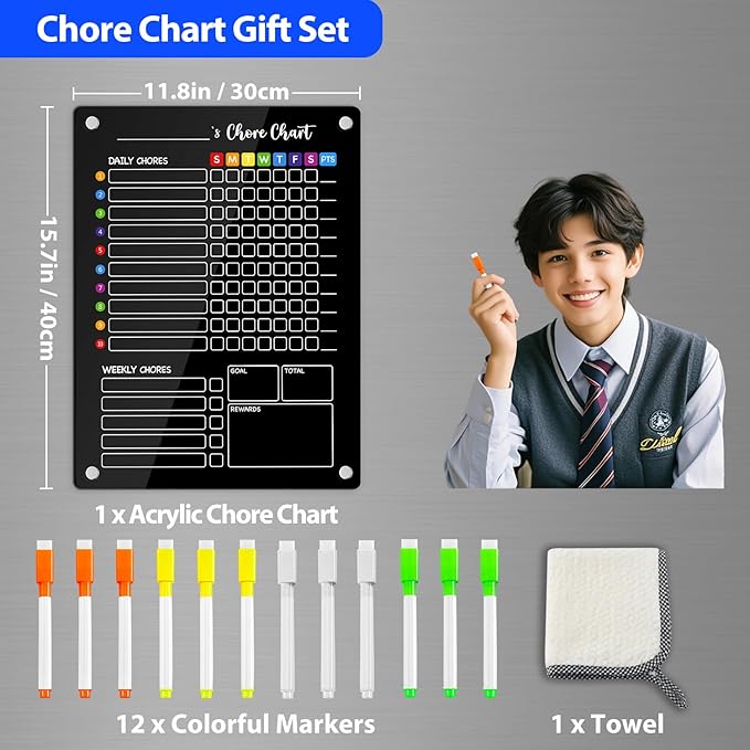 PigPotParty Black Acrylic Magnetic Chore Chart for Kids, 12"x16" Reward Responsibility Chart, 1 Pcs Daily Weekly Dry Erase Fridge Chore Board Checklist for Teens Adult, w/ 12 Markers & Towel