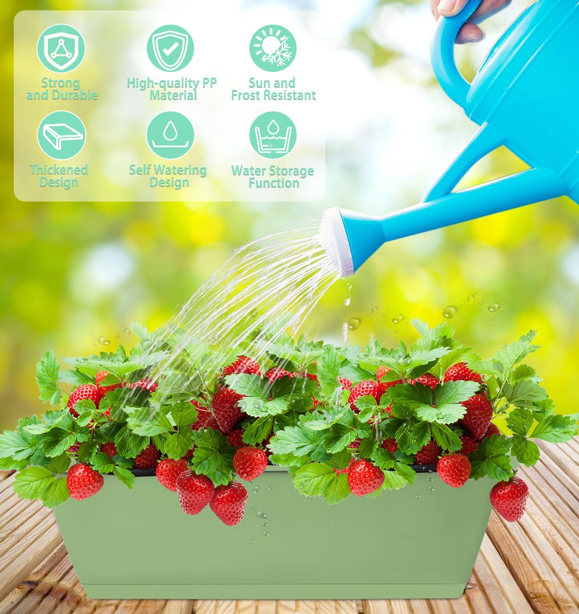 LOCONHA Window Box Planter, Plastic Vegetable Flower Planters Boxes 17 Inches Rectangular Flower Pots with Saucers for Indoor Outdoor Garden, Patio, Home Decor (7, Aqua)