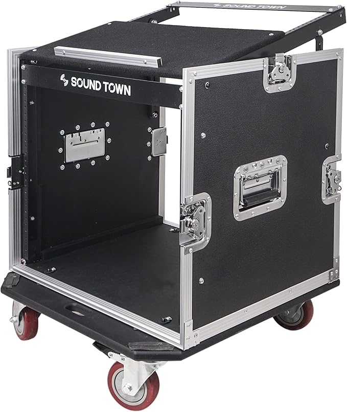 Sound Town Enhanced 1/2" (12mm) Plywood 10U PA DJ Pro Audio Rack/Road ATA Case with 11U Slant Mixer Top, 20’’ Rackable Depth and Casters, 10 Space Size, Pro Tour Grade (STMR-10UW)