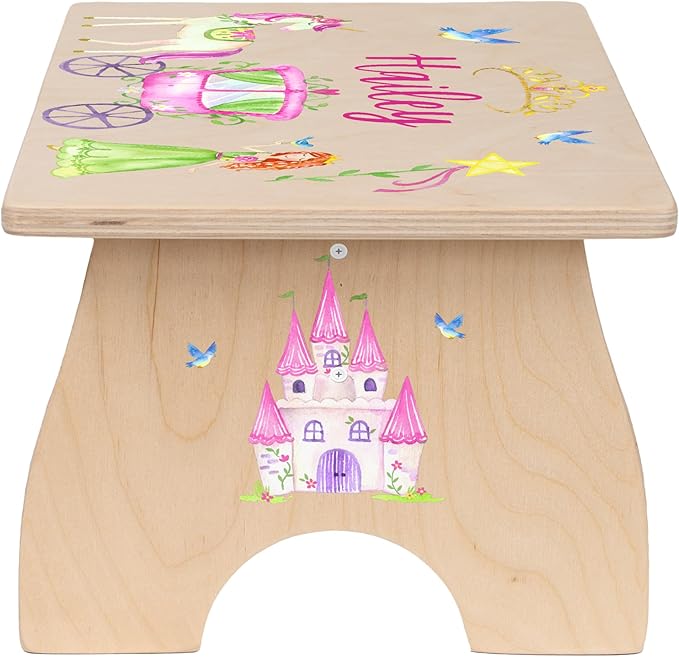 Princess Step Stool for Toddlers- Personalized Wood Kids Step Stool with Name for Kitchen Sink, Bathroom, Potty Training, Toilet, Kitchen Sink- Sturdy and Safe- Made in USA by BloomOwl (Princess)