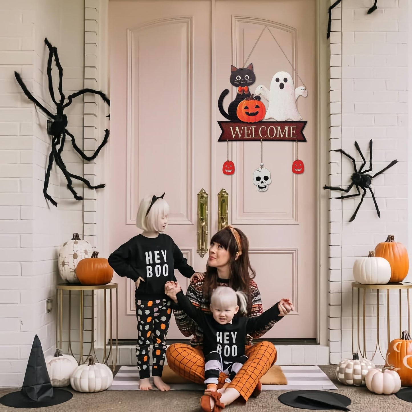 Halloween Welcome Sign Hanging Wood Decor - Spooky Ghost, Black Cat, Pumpkin & Skull for Front Door Wall Decorations with 3 Pendant (Pumpkin, Skull, Pumpkin), Indoor Outdoor Fall Party Supplies
