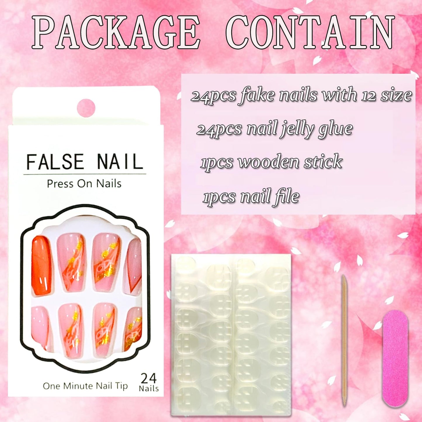Vezocim Orange Press on Nails Square 24Pcs Glossy Full Cover Medium Acrylic Square False Nails with Marble Designs Artificial Coffin Fake Nails Glue Stick ons Fingernails with Charm for Women